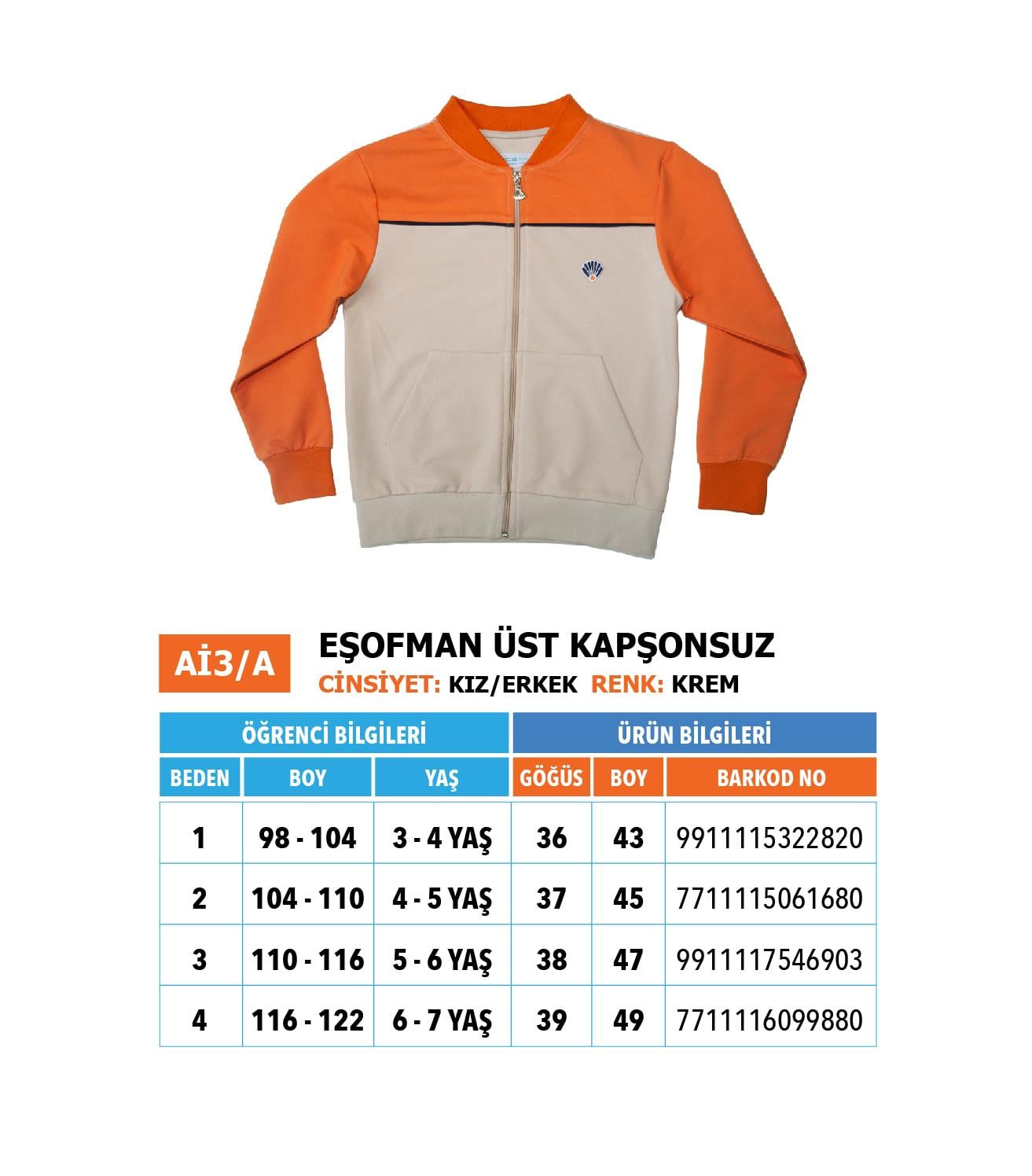 Ana-İlk Eşofman Üst/Krem Trncu/ Kapşonsuz