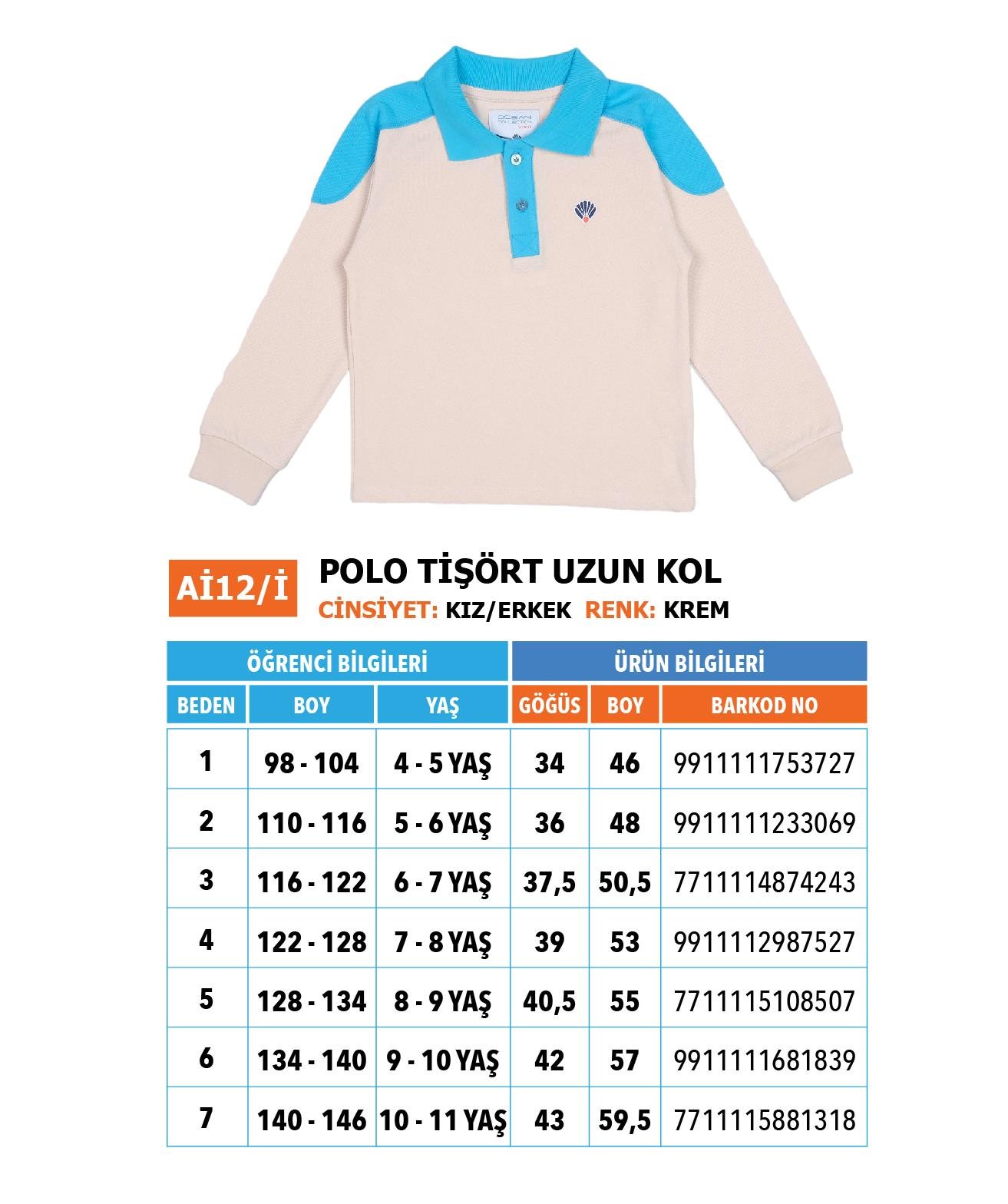 Ana-İlk Polo Tişört Uzun Kol/ Krem Mavi Yaka 