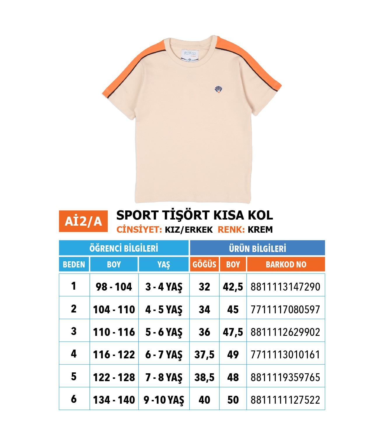 Ana-İlk Sport Tişört Kısa Kol/ Krem Turuncu