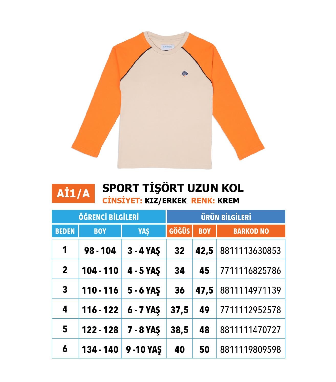 Ana-İlk Sport Tişört Uzun Kol/ Krem Turuncu