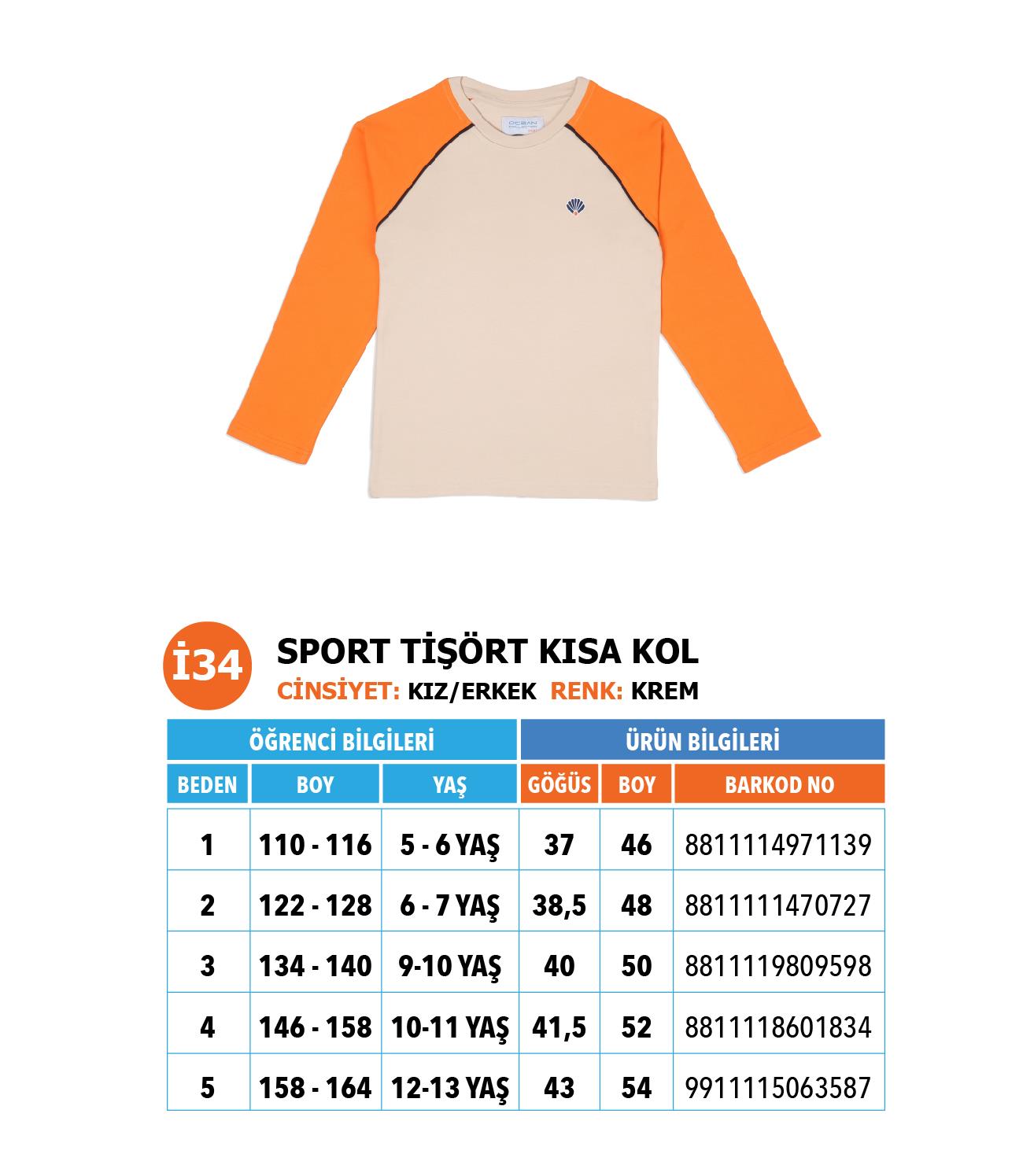 İlkokul Sport Tshirt Uzun Kol/ krem Turuncu 