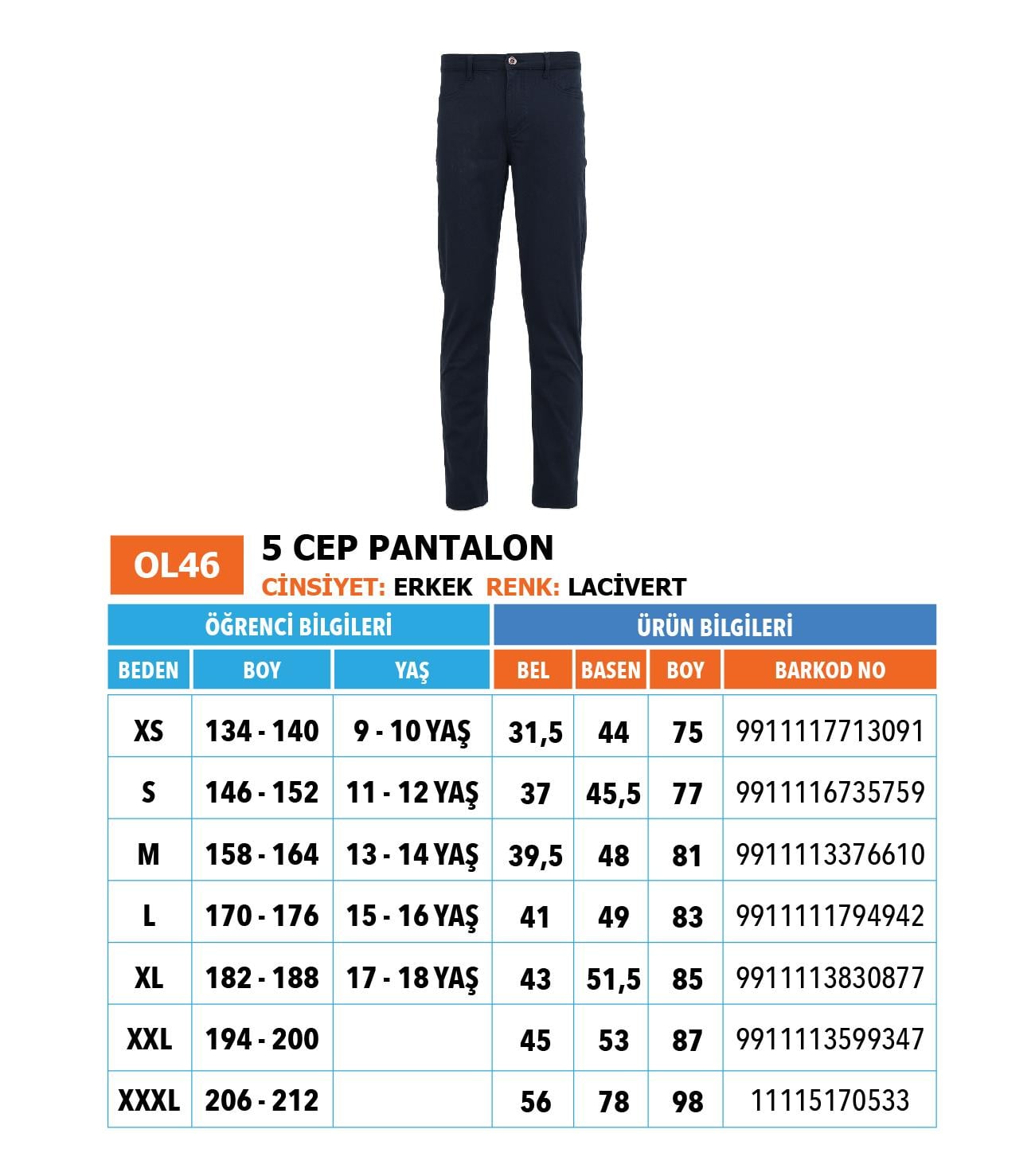 OO/Lise Erkek/ Pantolon (5 Cep)/ Lacivert