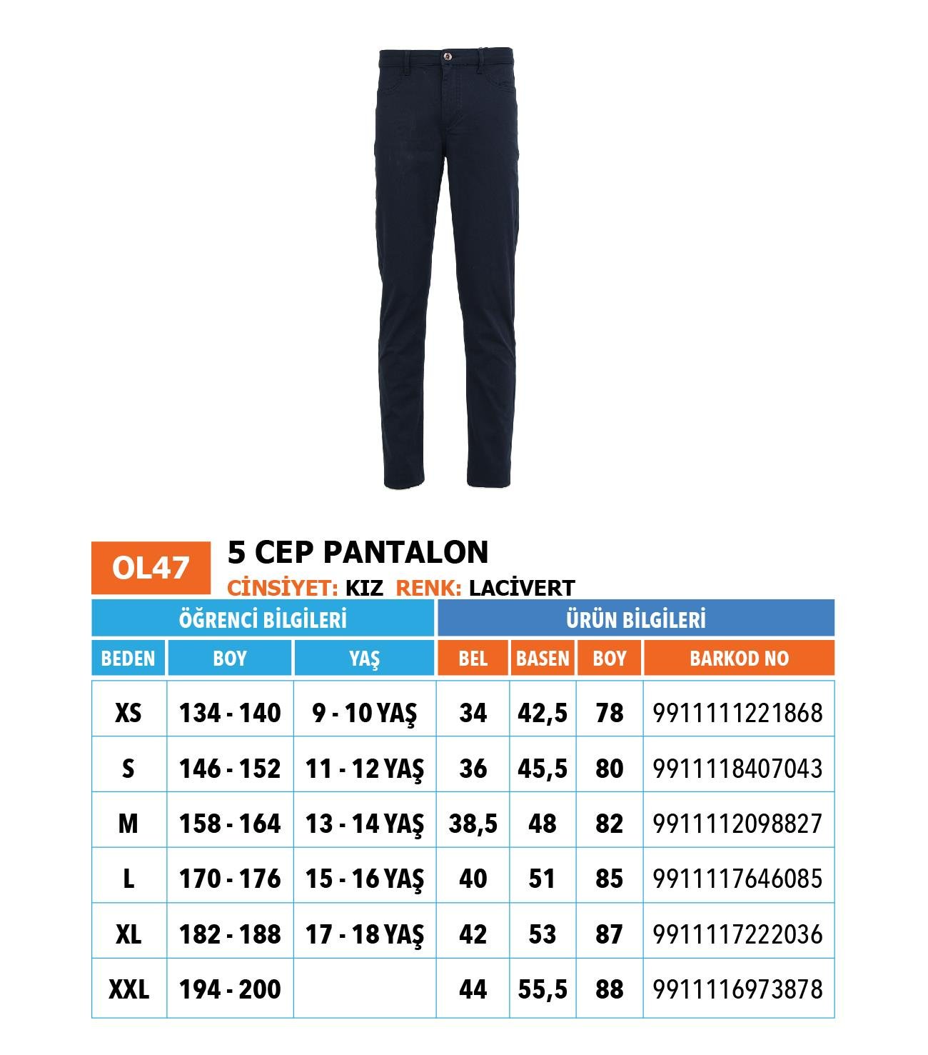 OO/Lise Kız/ Pantolon (5 cep)/ Lacivert