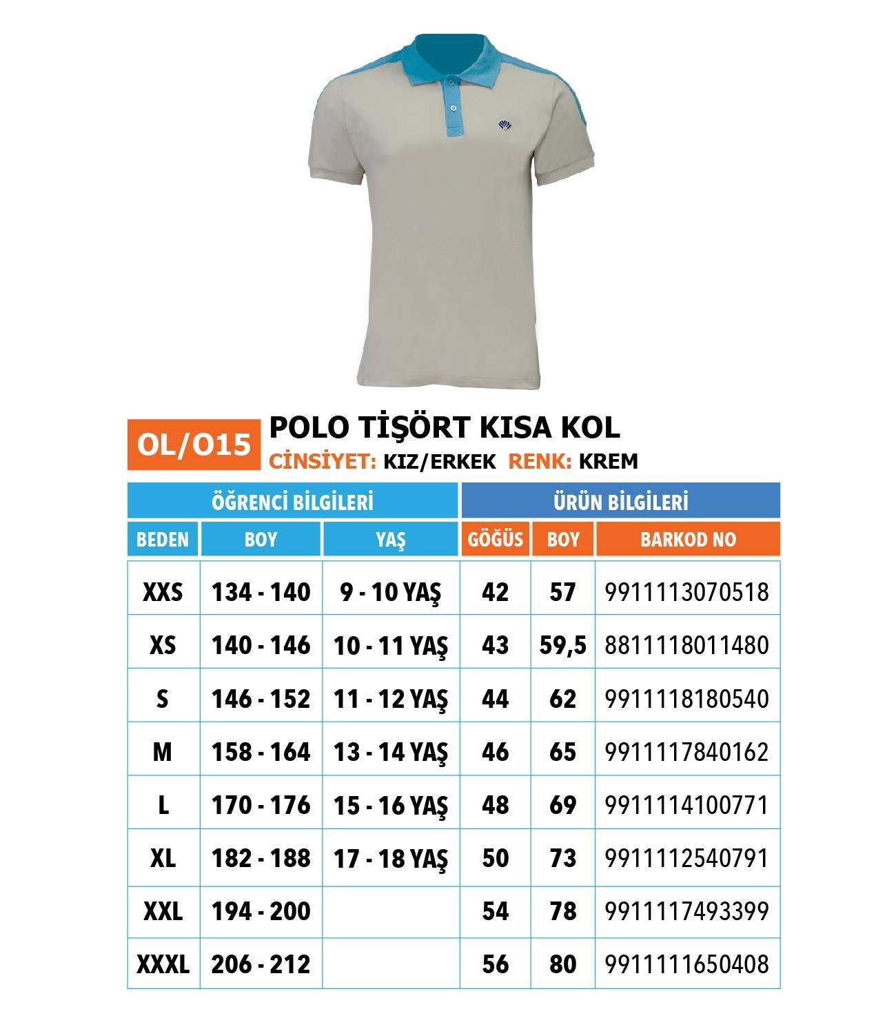 OO/Lise Polo Tişört KısaKol/ Krem Mavi Yaka