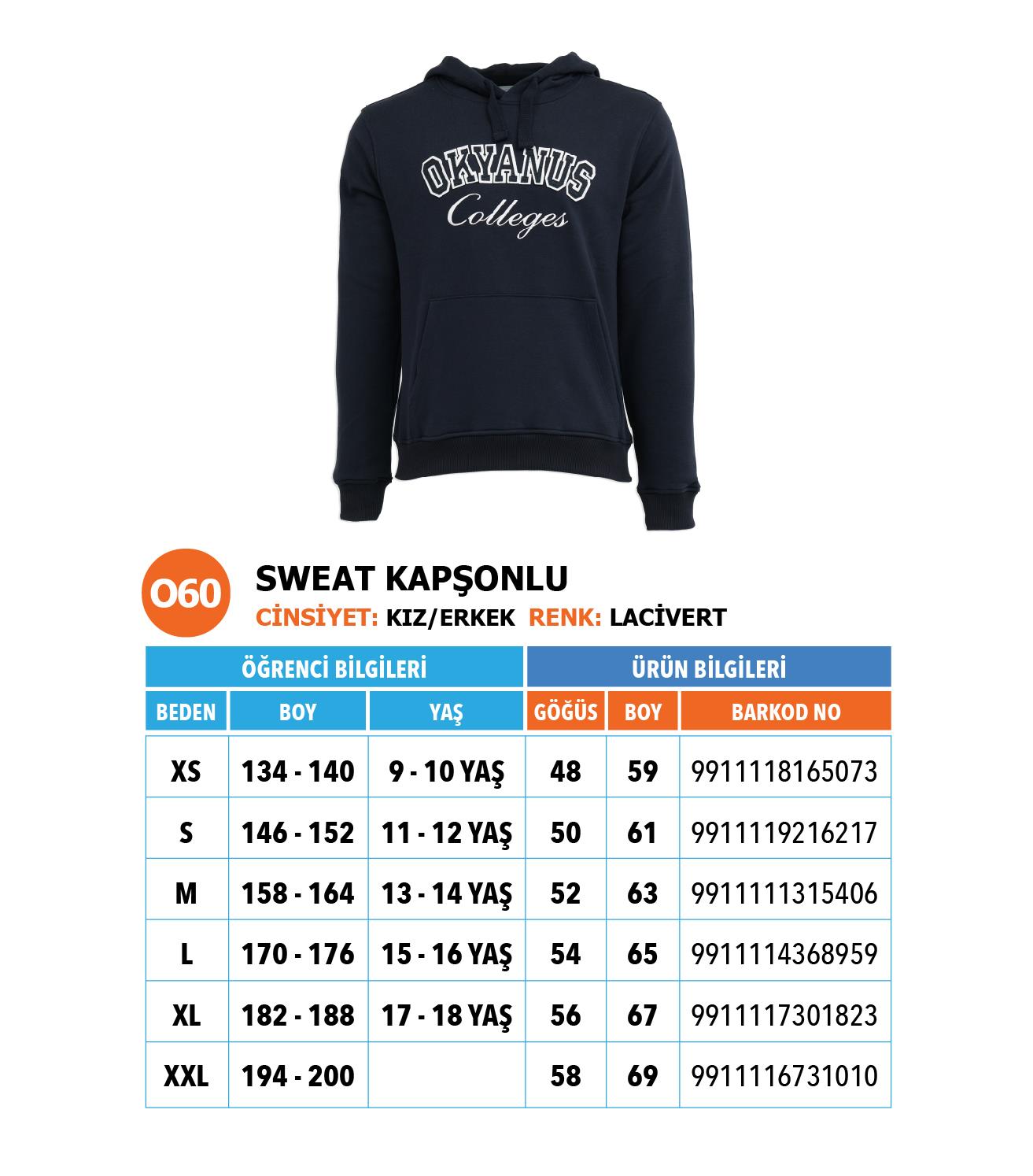 Ortaokul Kapşonlu Sweatişört/ Lacivert