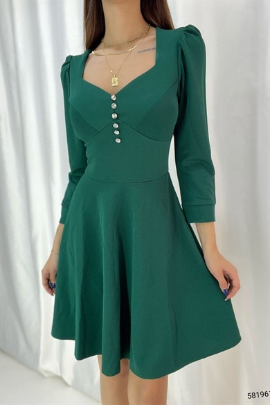 Düğmeli Kollu Kloş Elbise Yeşil