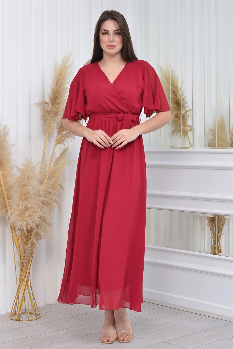 Kırmızı Şifon Sıfır Kol Büyük Beden Elbise