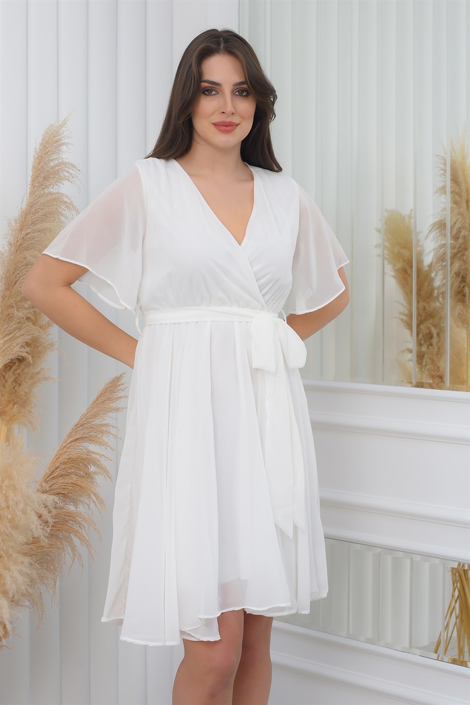 Kloş Beyaz Büyük Beden Şifon Elbise
