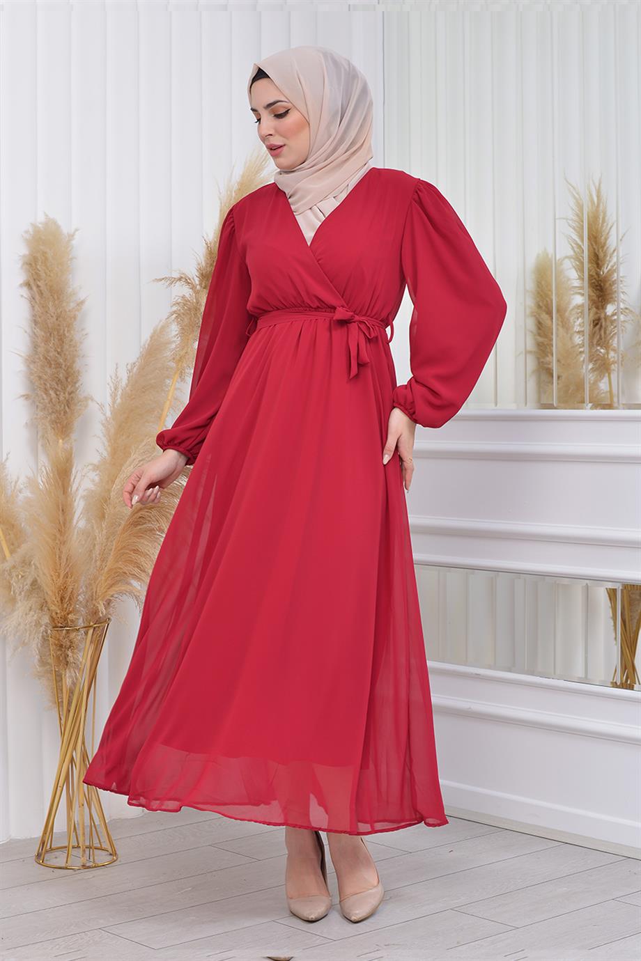 Tesettür Kırmızı Kruvaze Yaka Astarlı Büyük Beden Şifon Elbise
