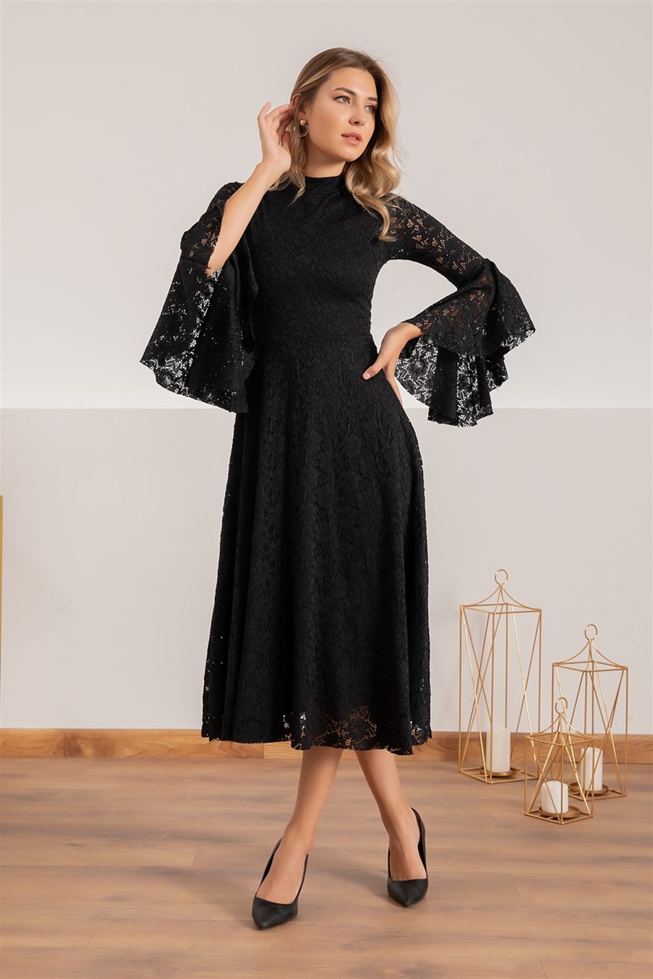 Güpür Detay İspanyol Kol Abiye Elbise Siyah