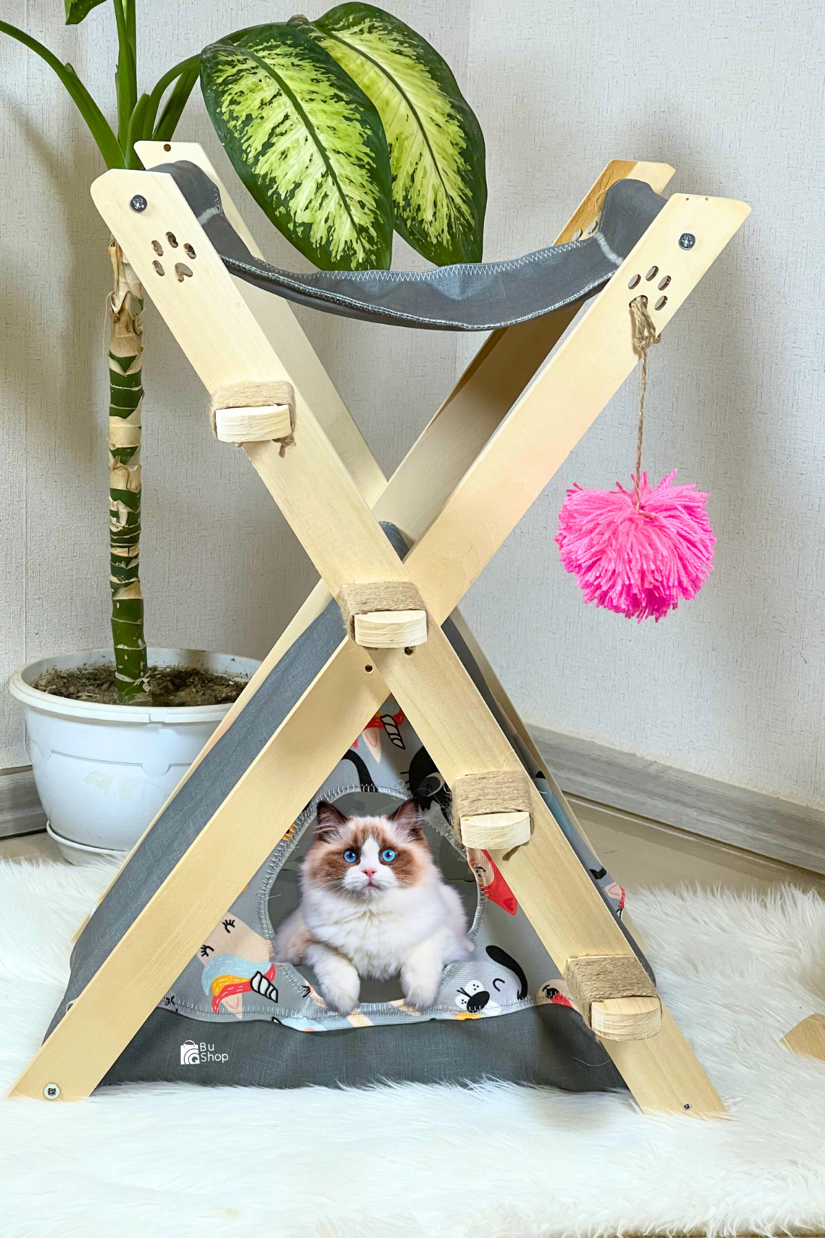  Kedi Çadırı Yatağı ve Merdiveni BuShop Süper Üçlü Set -Kedi Oltası Hediyeli  Ahşap Katlanabilir - WCAMP Serisi