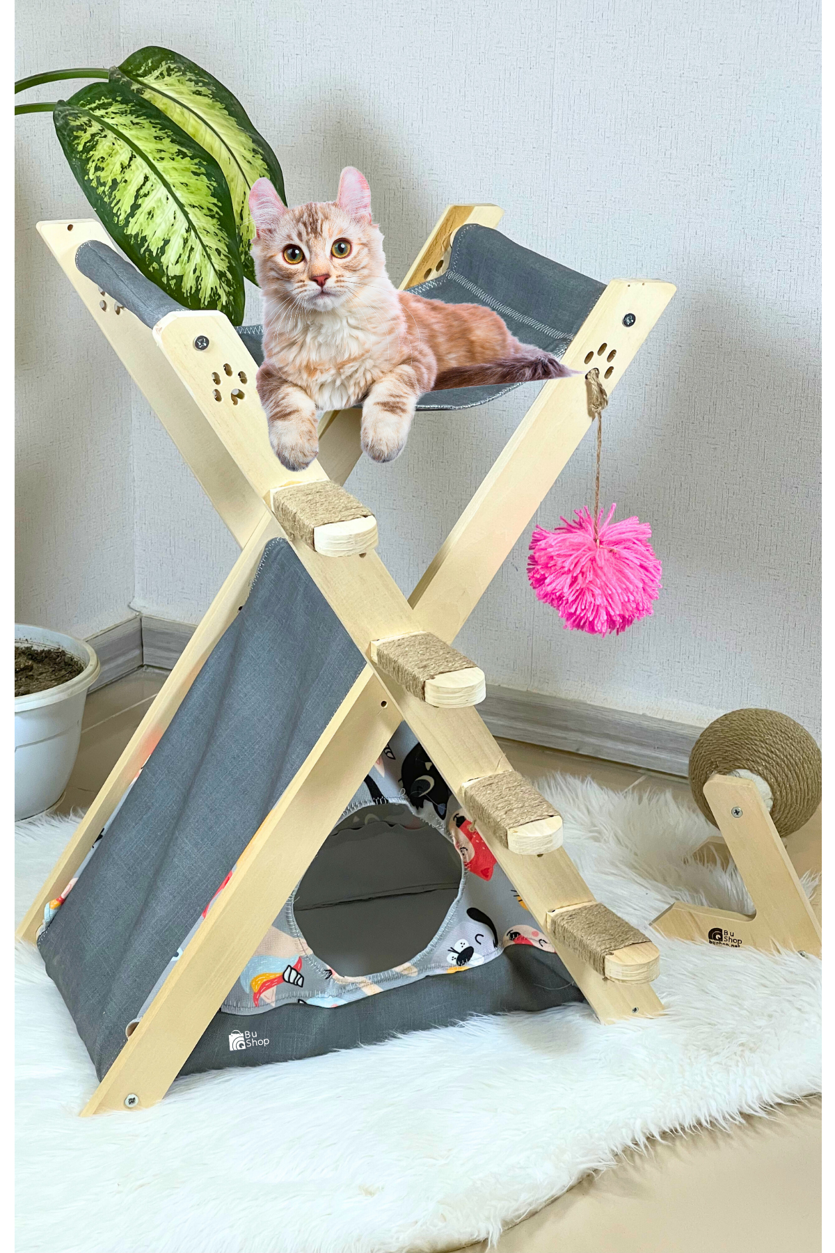  Kedi Çadırı Yatağı ve Merdiveni BuShop Süper Üçlü Set -Kedi Oltası Hediyeli  Ahşap Katlanabilir - WCAMP Serisi
