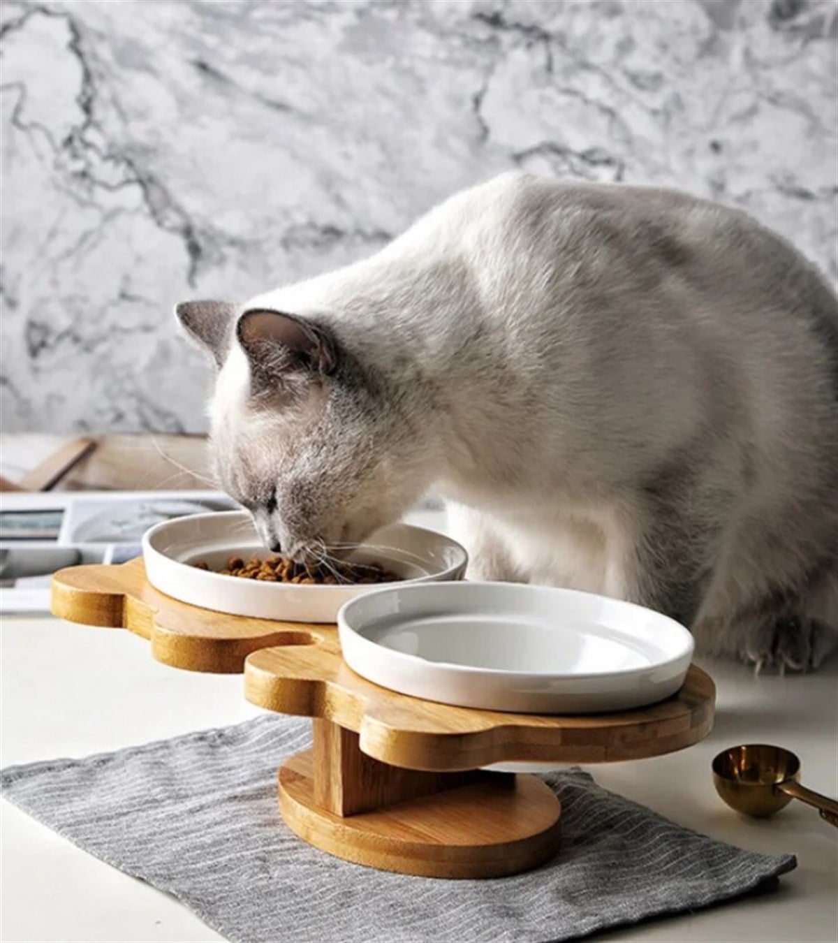 Kedi Köpek Mama Ve Su Kabı-Seramik İki Adet Kase Hediyeli-Gerçek Ahşap-Kayın Renk-BuShop Boncuk Preminyum 