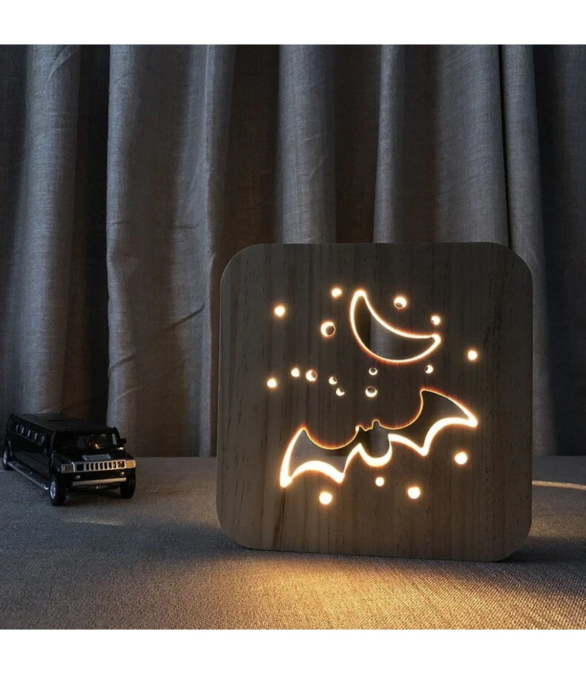 Ahşap 3d yaratıcı led gece lambası, doğal, yenilikçi ofis, ve oda dekoru, Yarasa ve ay dekorlu