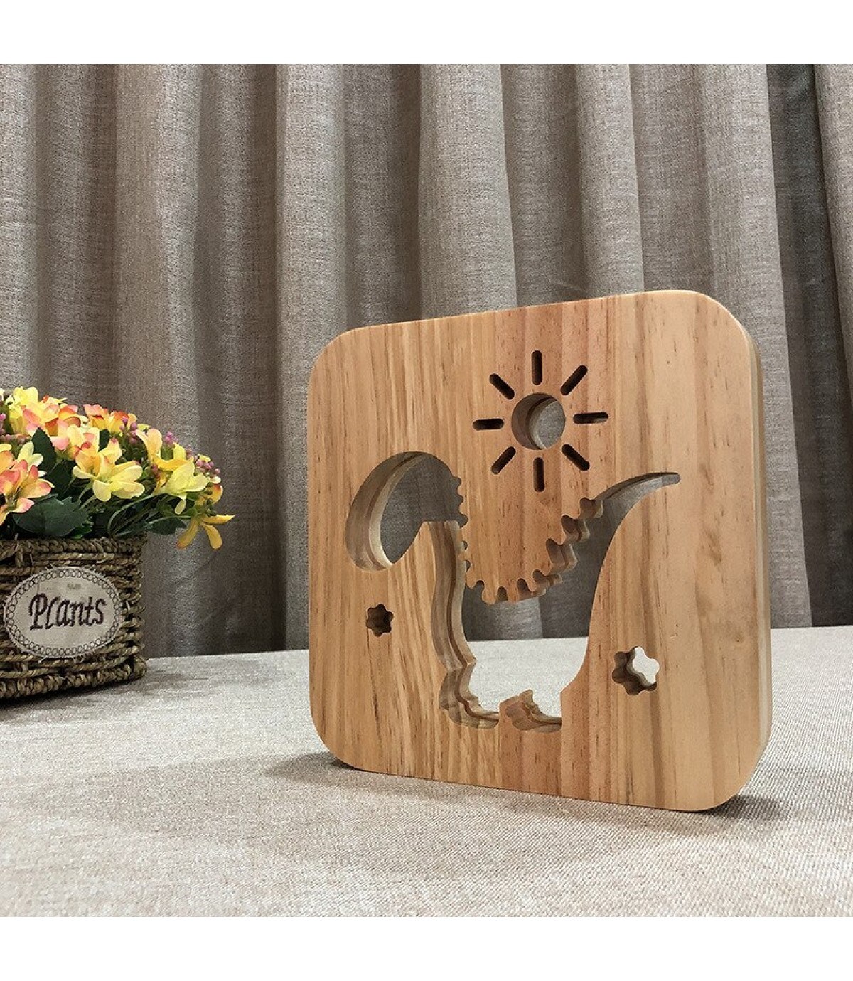 Ahşap 3d yaratıcı led gece lambası, doğal, yenilikçi ofis, ve oda dekoru, Şirin dinozor ve güneş