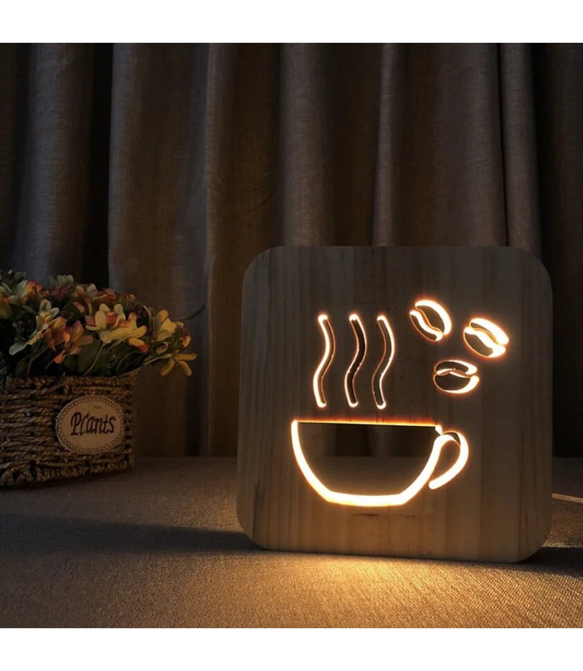 Ahşap 3d yaratıcı led gece lambası, doğal, yenilikçi ofis, ve oda dekoru, kahve,çekirdek,bardak