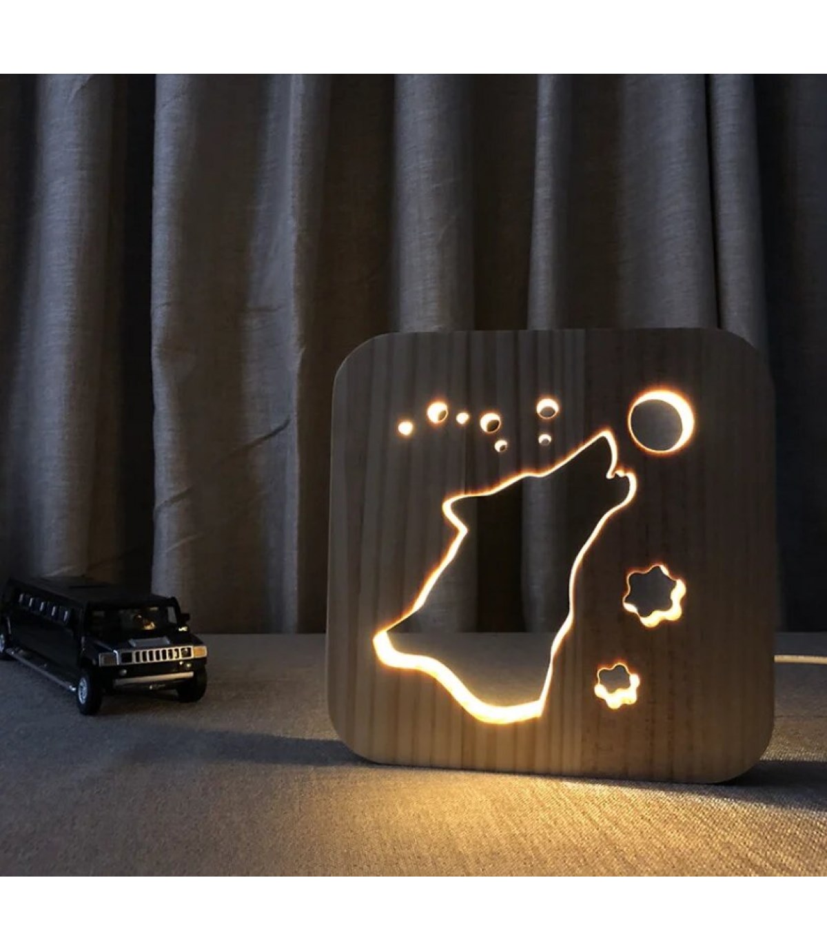 Ahşap 3d yaratıcı led gece lambası, doğal, yenilikçi ofis, ve oda dekoru, Uluyan köpek kurt ve yıldız