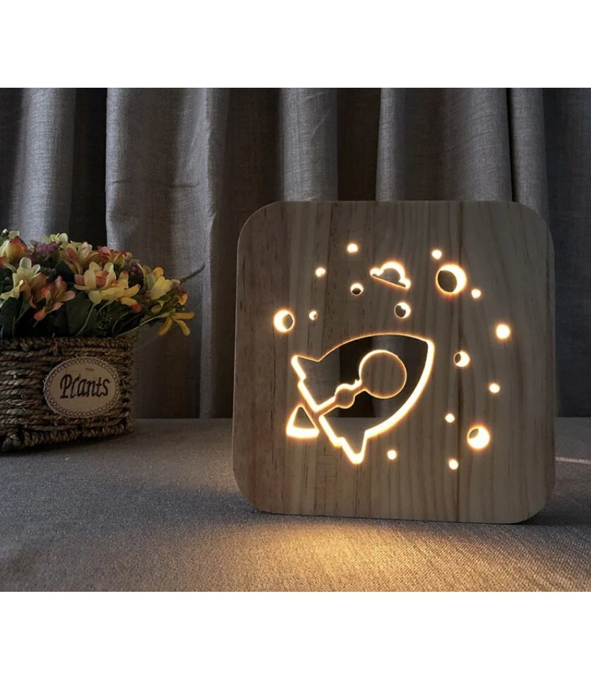 Ahşap 3d yaratıcı led gece lambası, doğal, yenilikçi ofis, ve oda dekoru, uzay gemisi, roket temalı