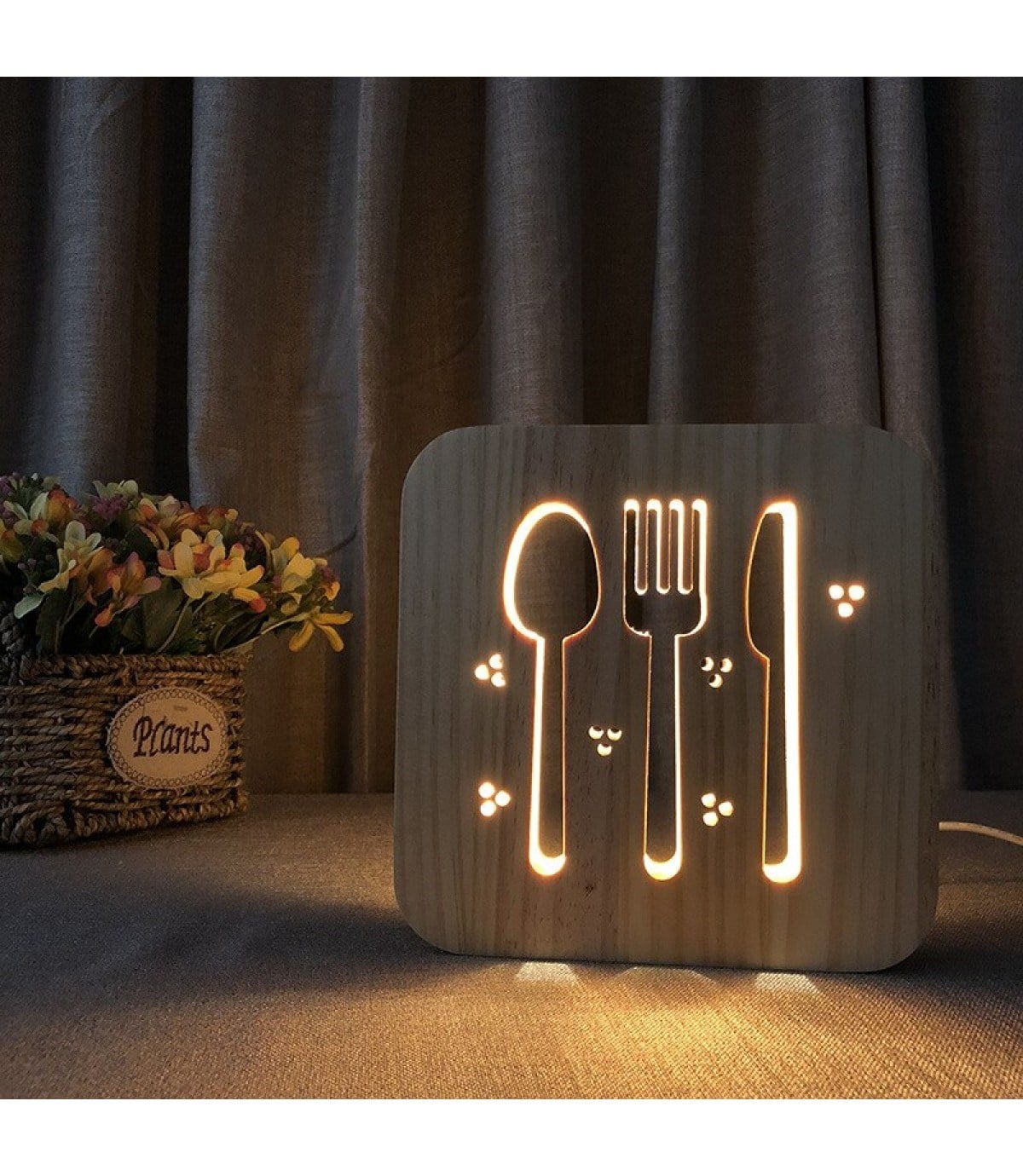 Ahşap 3d yaratıcı led gece lambası, doğal, yenilikçi ofis, kaşık,çatal, restoran, kafe, dekoru