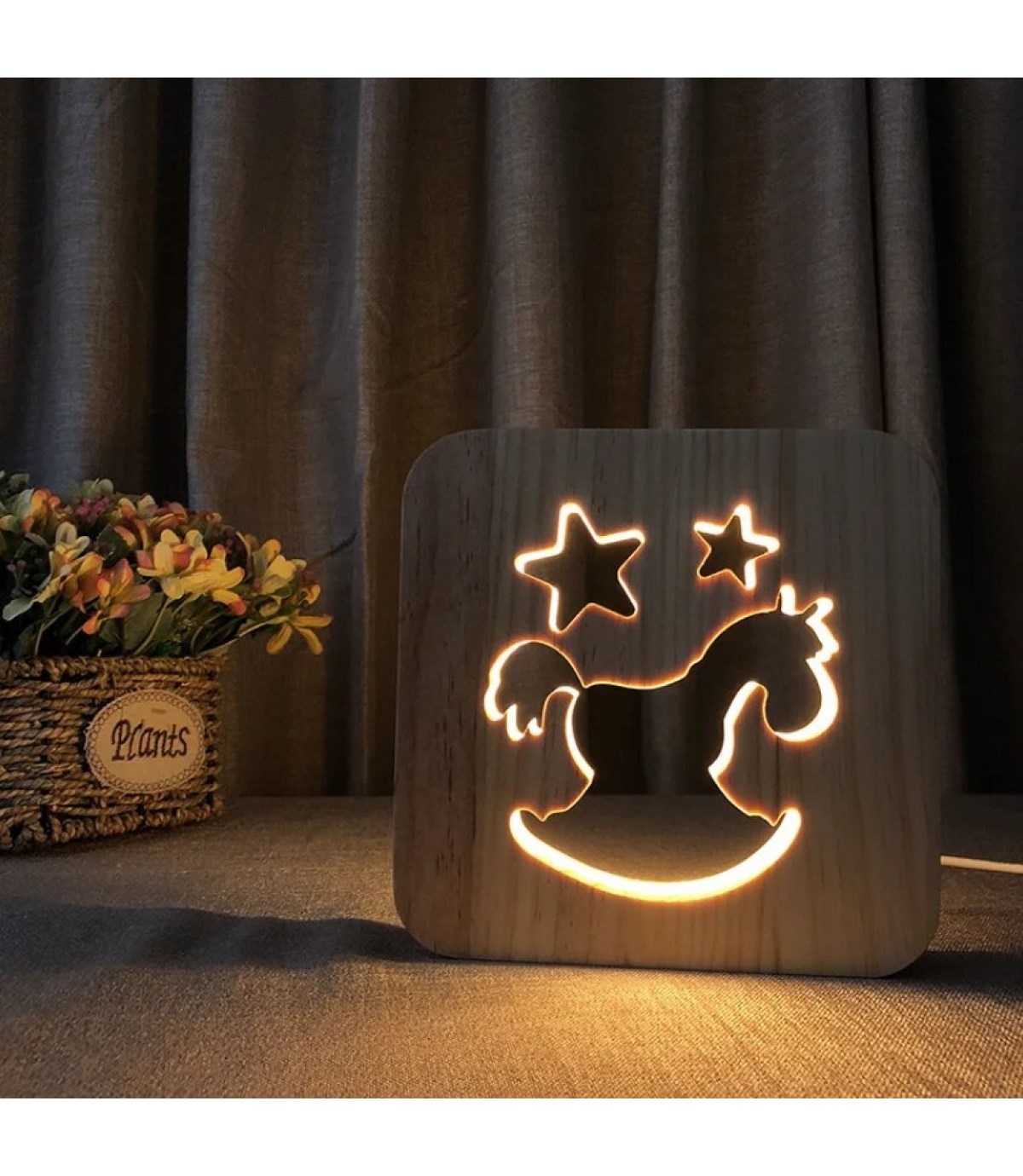 Ahşap 3d yaratıcı led gece lambası, doğal, yenilikçi ofis, ve oda dekoru, at ve yıldız temalı