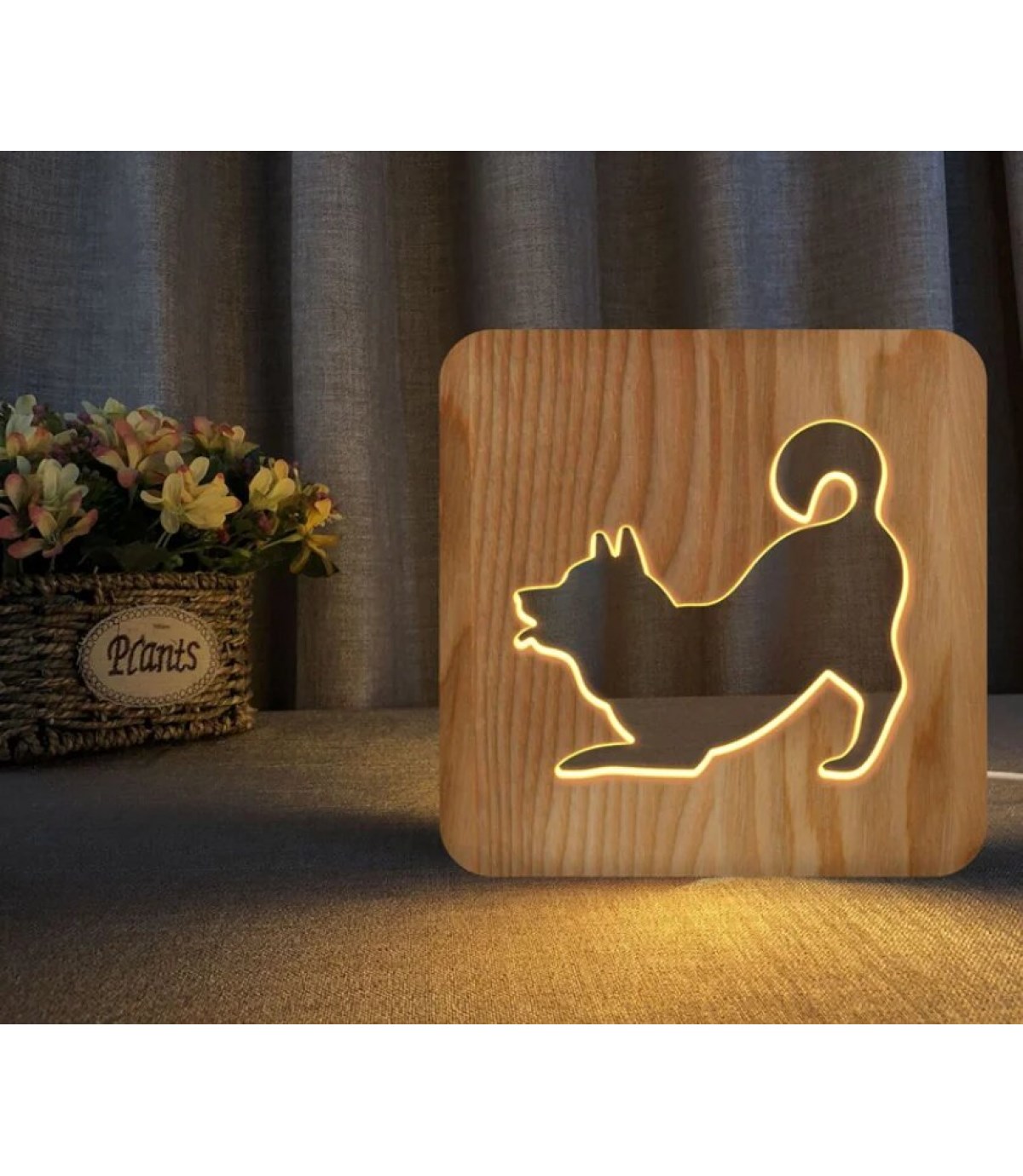 Ahşap 3d yaratıcı led gece lambası, doğal, yenilikçi ofis, ve oda dekoru, Eğilen akıllı köpek dekoru