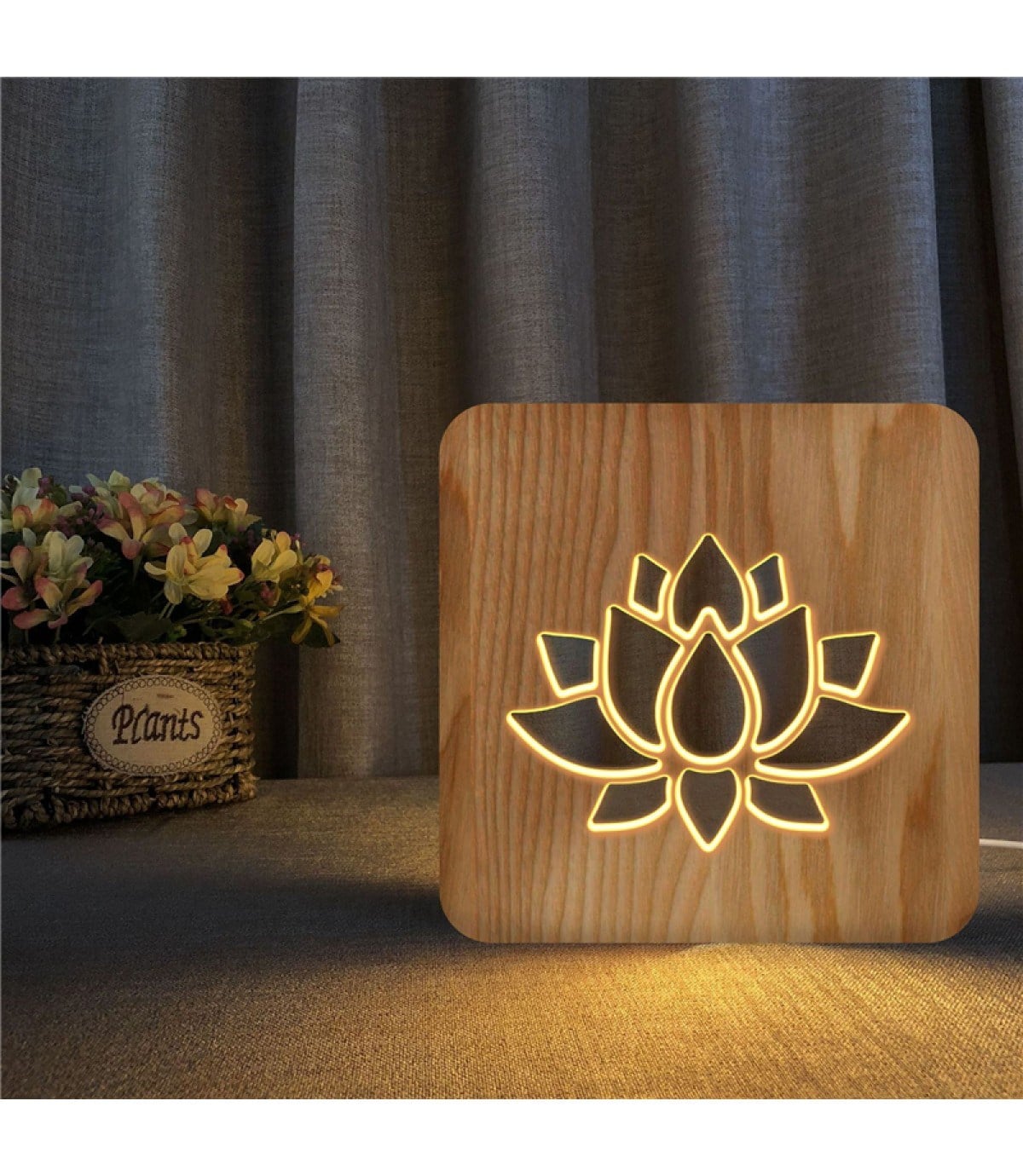 Ahşap 3d yaratıcı led gece lambası, doğal, yenilikçi ofis, ve oda dekoru, çiçek dekoru, vektör,