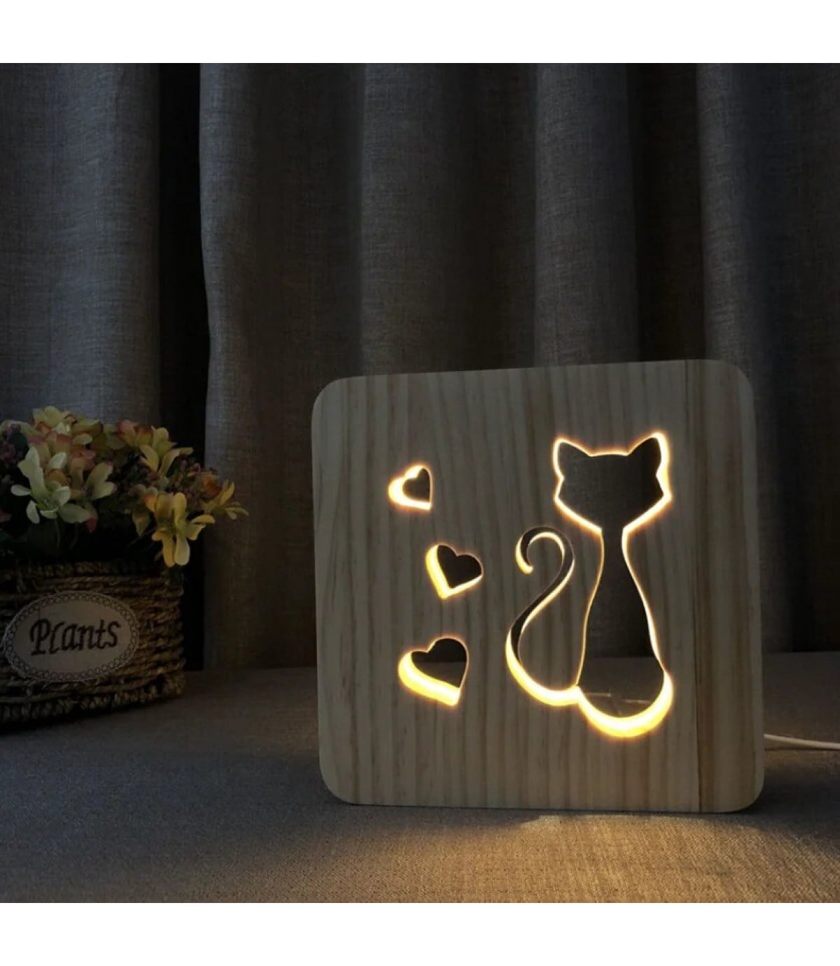 Ahşap 3d yaratıcı led gece lambası, doğal, yenilikçi ofis, ve oda dekoru, Tatlı kedi ve kalp dekor
