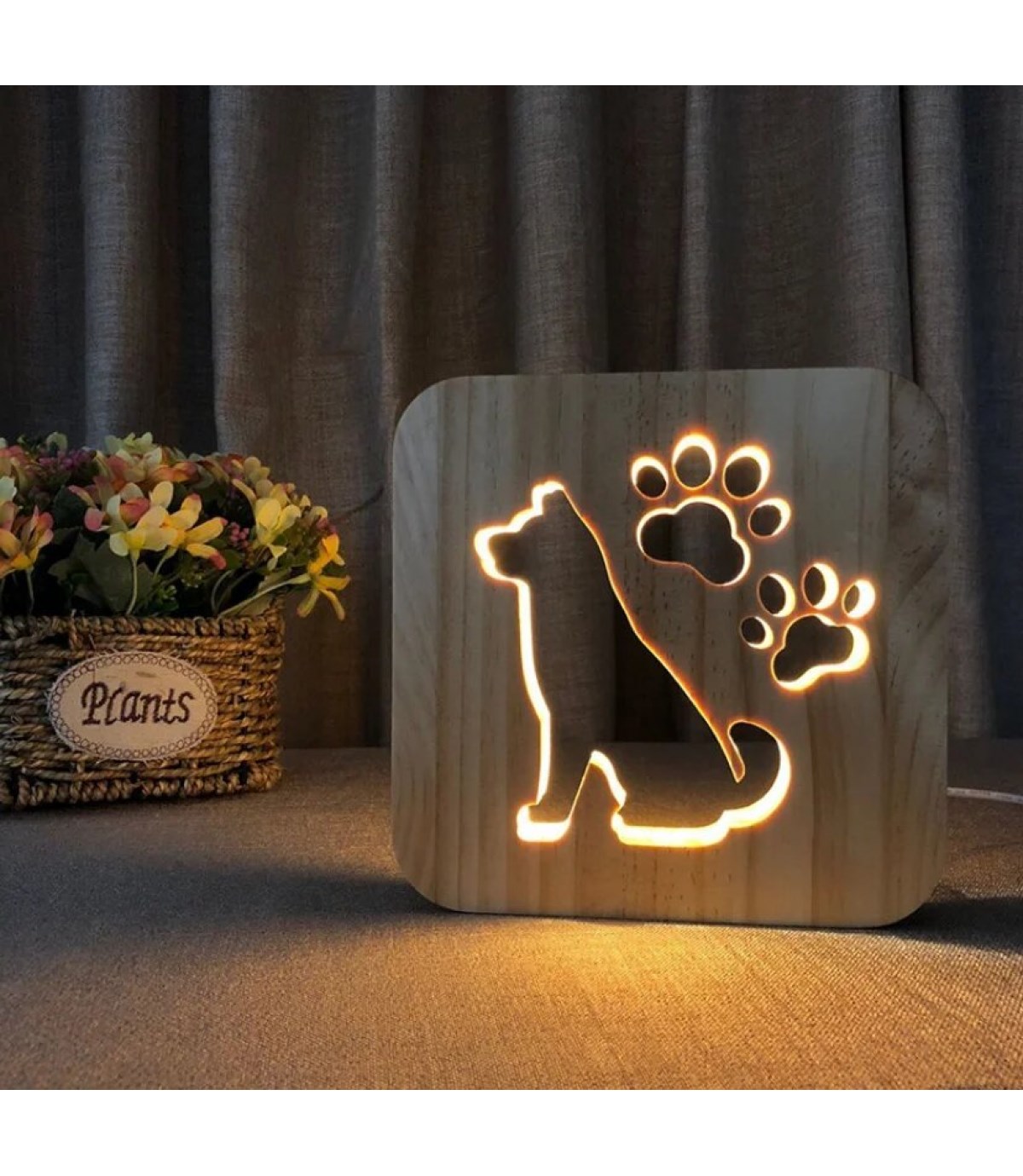 Ahşap 3d yaratıcı led gece lambası, doğal, yenilikçi ofis, ve oda dekoru, Köpek ve pati dekoru