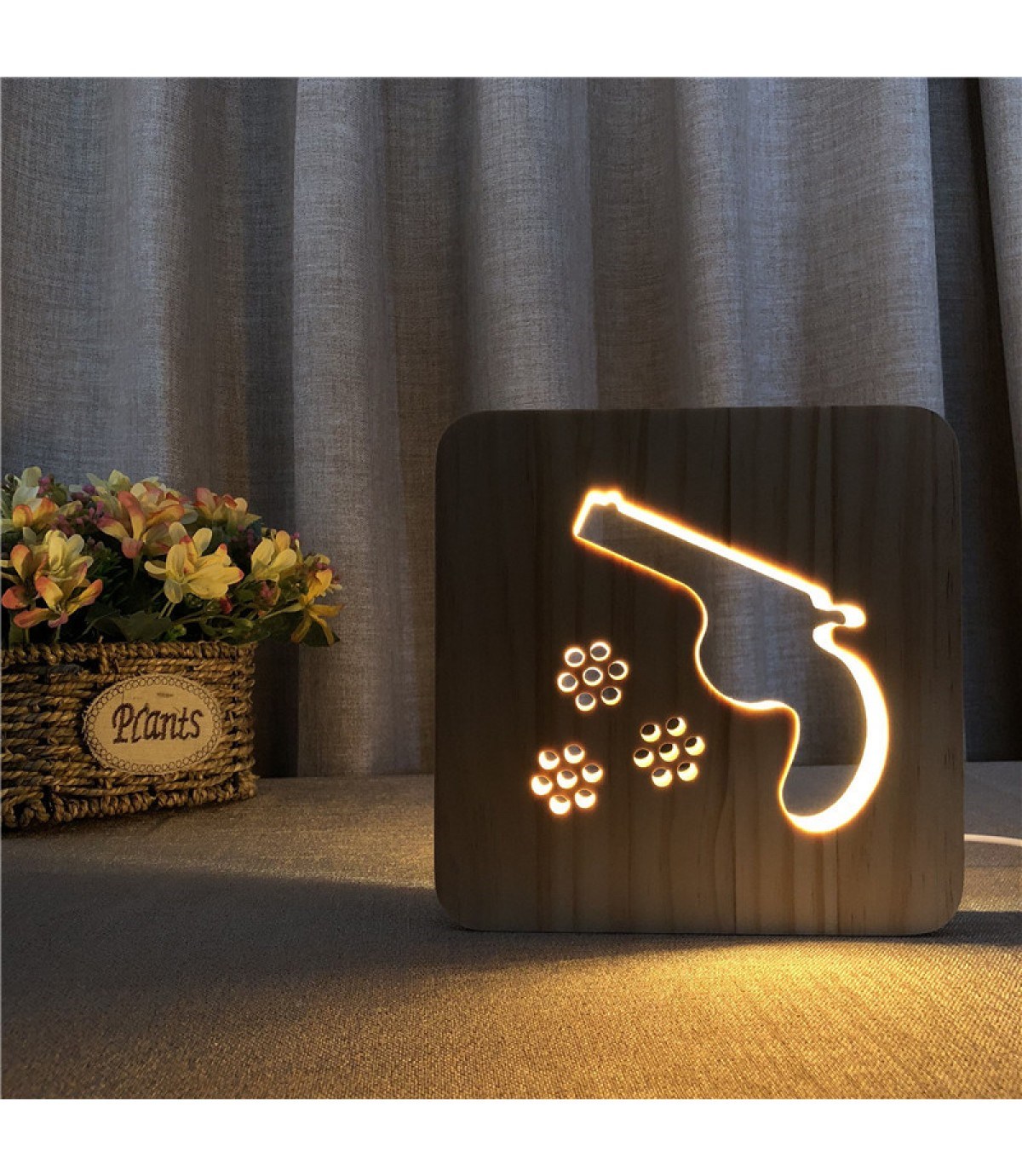 Ahşap 3d yaratıcı led gece lambası, doğal, yenilikçi ofis, ve oda dekoru, tabanca,hobi,silah