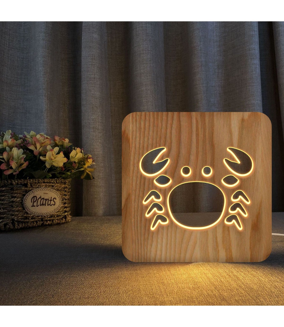 Ahşap 3d yaratıcı led gece lambası, doğal, yenilikçi ofis, ve oda dekoru, Sevimli yengeç dekorlu