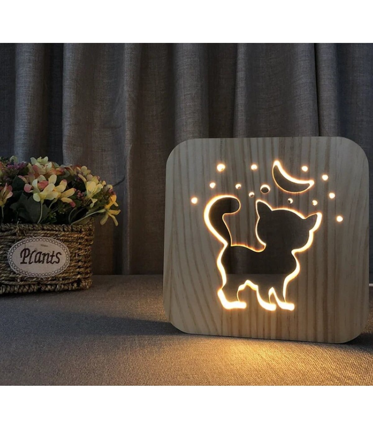 Ahşap 3d yaratıcı led gece lambası, doğal, yenilikçi ofis, ve oda dekoru, Şirin kedi ve ay dekoru