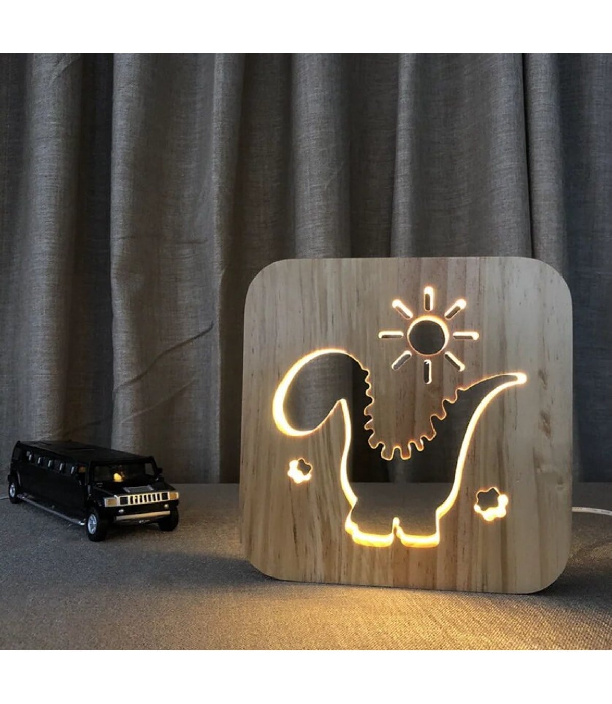 Ahşap 3d yaratıcı led gece lambası, doğal, yenilikçi ofis, ve oda dekoru, Şirin dinozor ve güneş