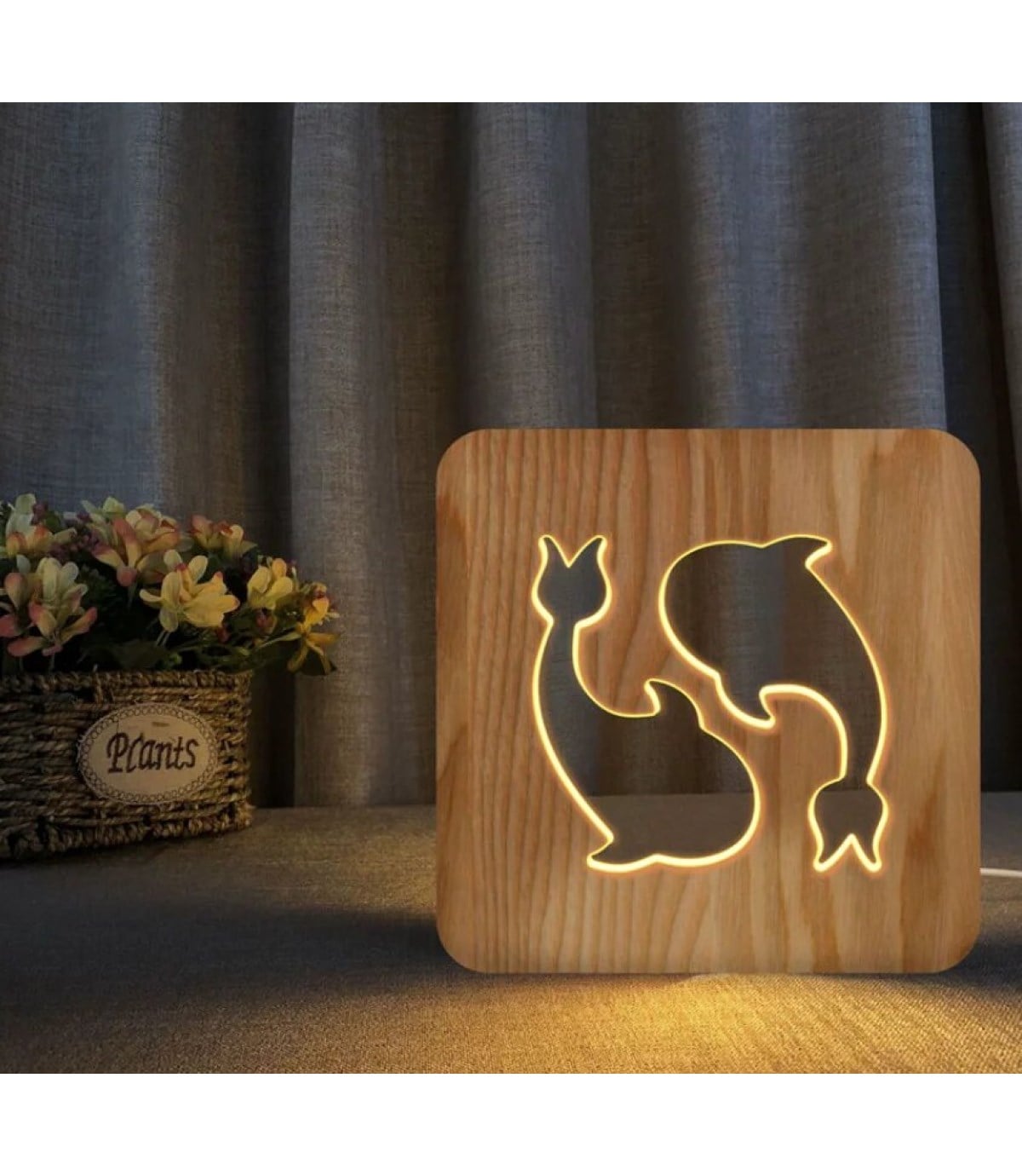 Ahşap 3d yaratıcı led gece lambası, doğal, yenilikçi ofis, ve oda dekoru, Çift yunus dekoru