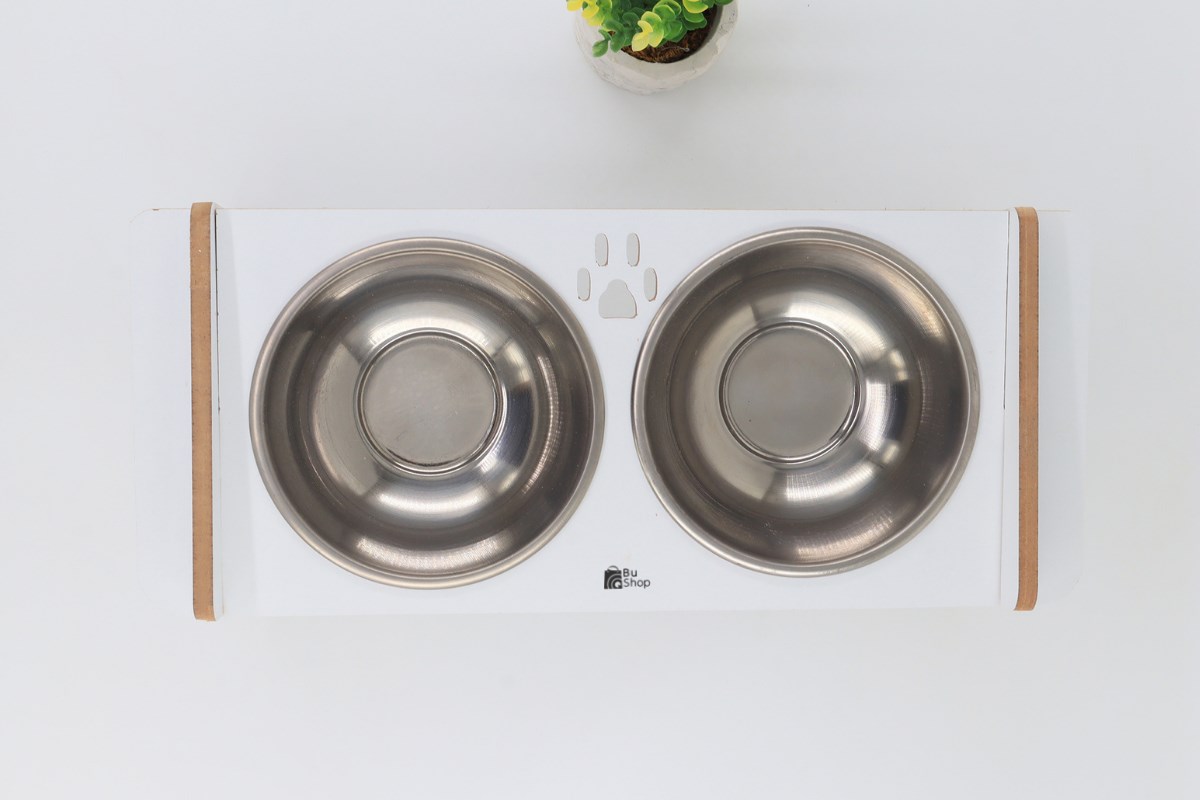 Ahşap Mama ve Su Kabı-2 Adet Çelik Kaseli-Eğimli-Mdf BuShop Mykonos Serisi