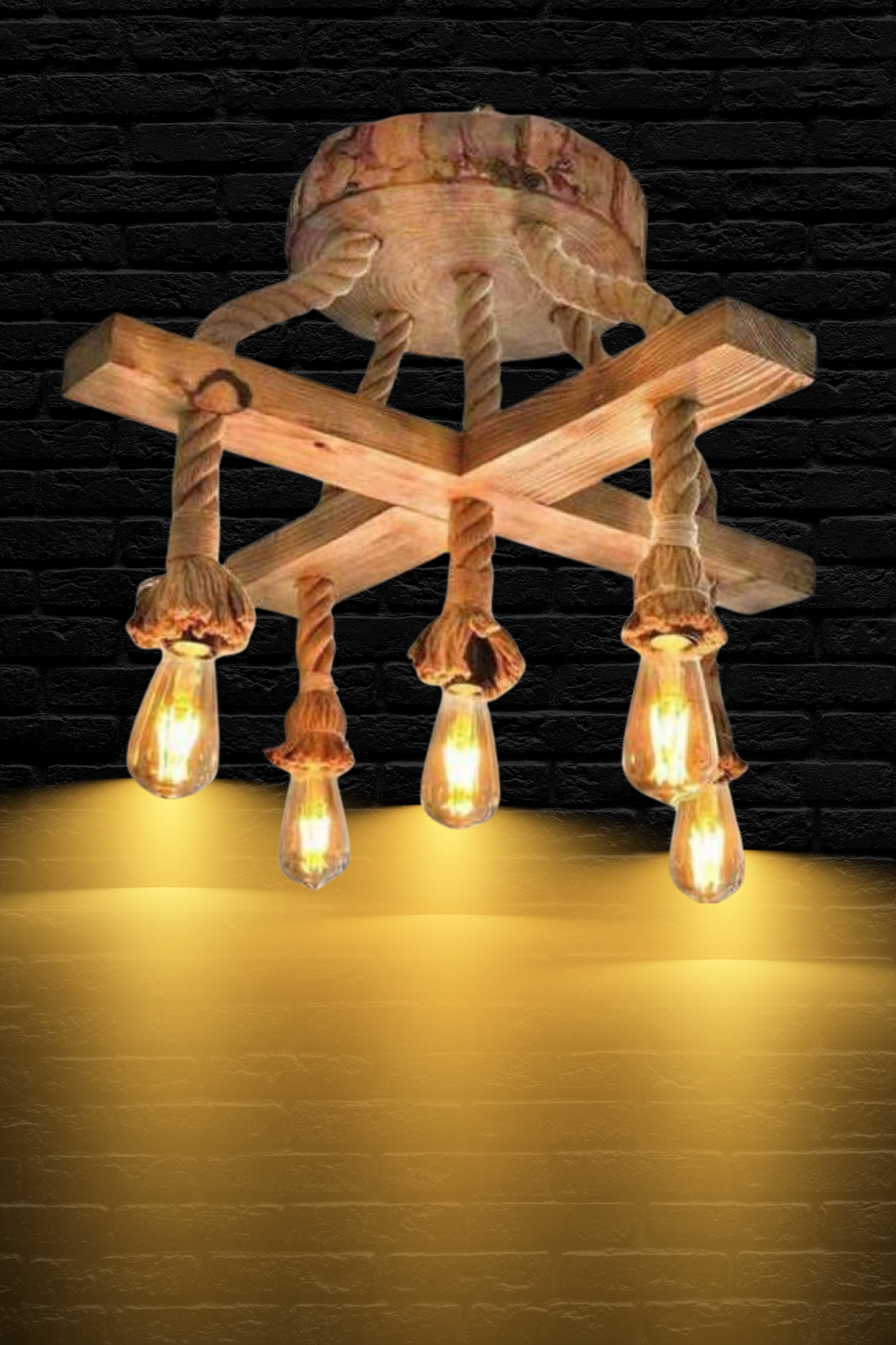 Dekoratif Ahşap Avize Halatlı Doğal Ahşap Avize 5li