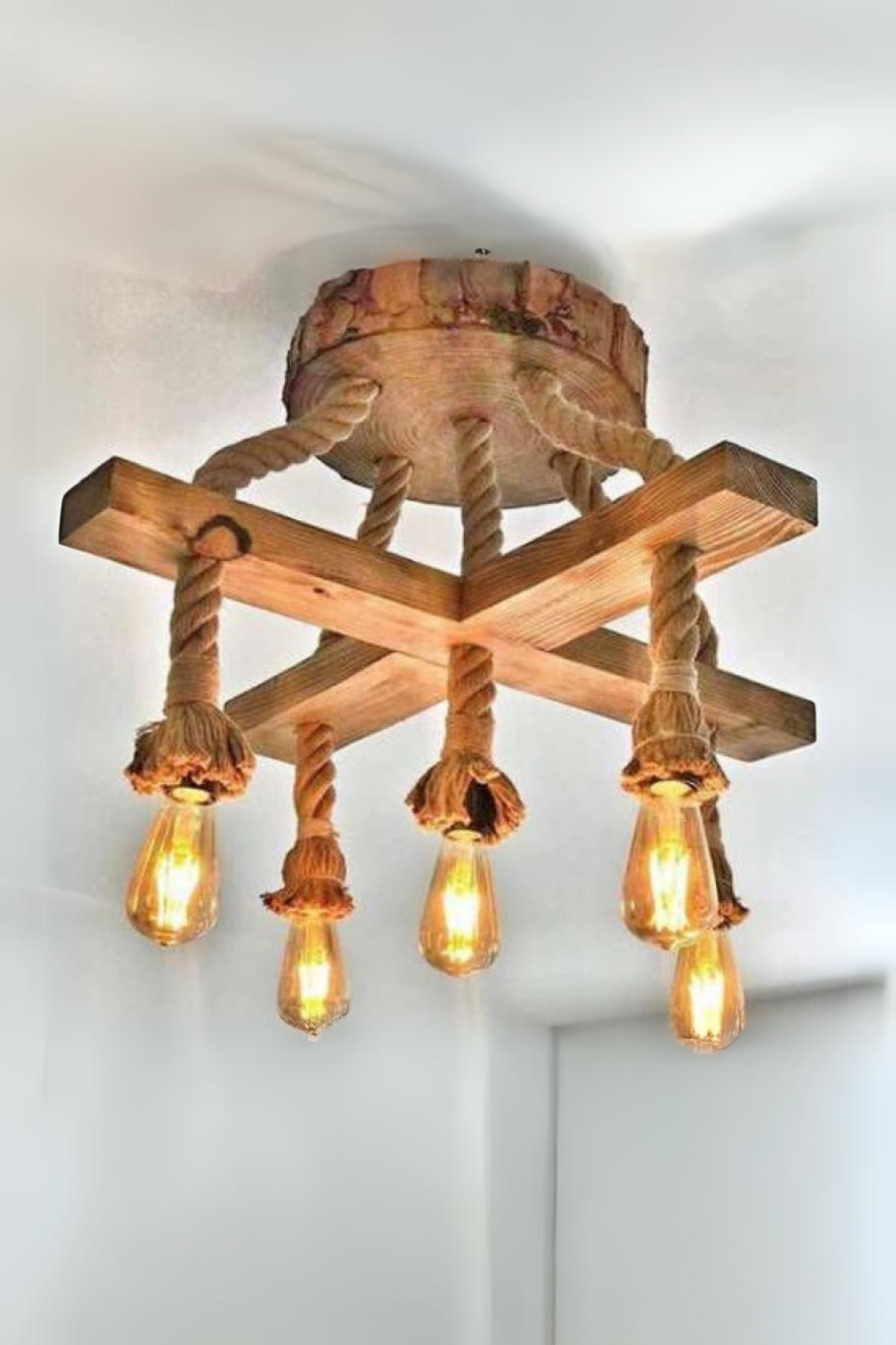 Dekoratif Ahşap Avize Halatlı Doğal Ahşap Avize 5li