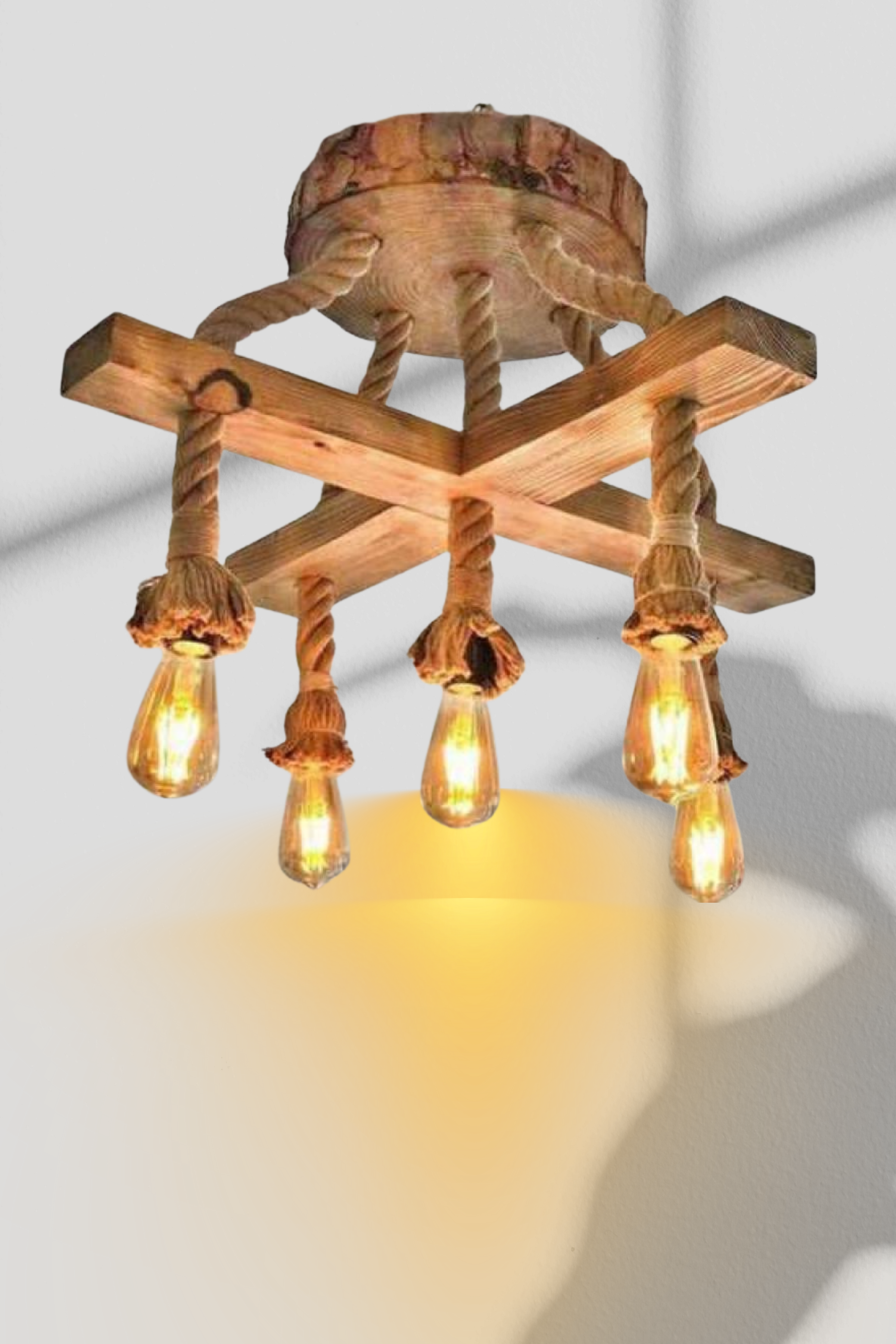 Dekoratif Ahşap Avize Halatlı Doğal Ahşap Avize 5li