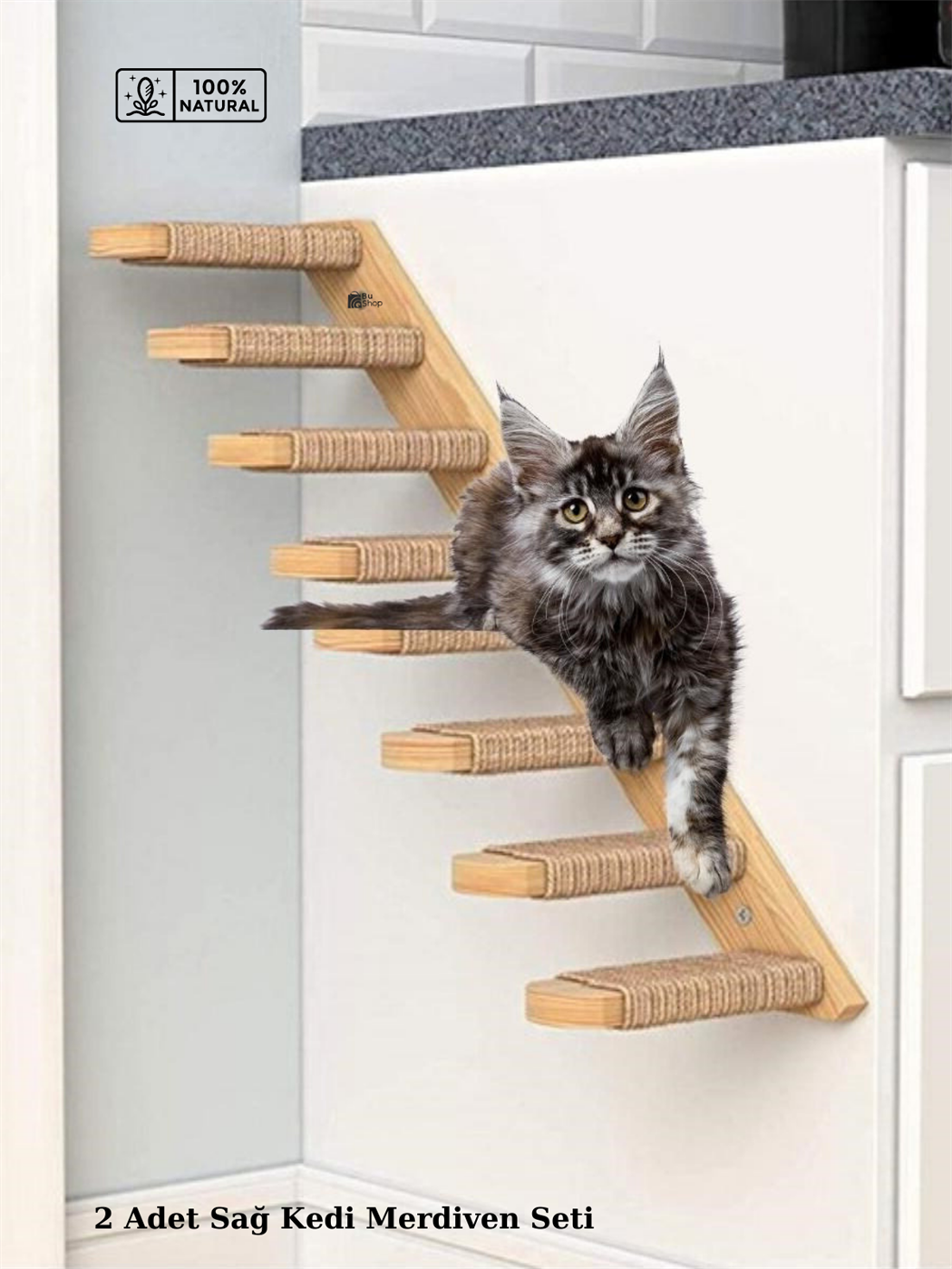 Doğal Kedi Tırmanma ve Tırmalama Merdiveni Ahşap tasarım Duvara Monte 2Lİ Sağ Model