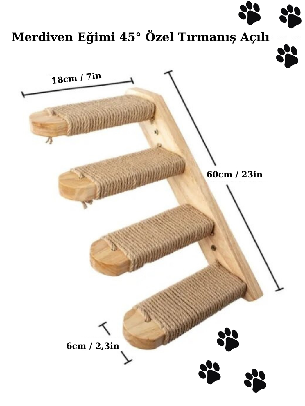 Doğal Kedi Tırmanma ve Tırmalama Merdiveni Ahşap tasarım Duvara Monte Sağ Model