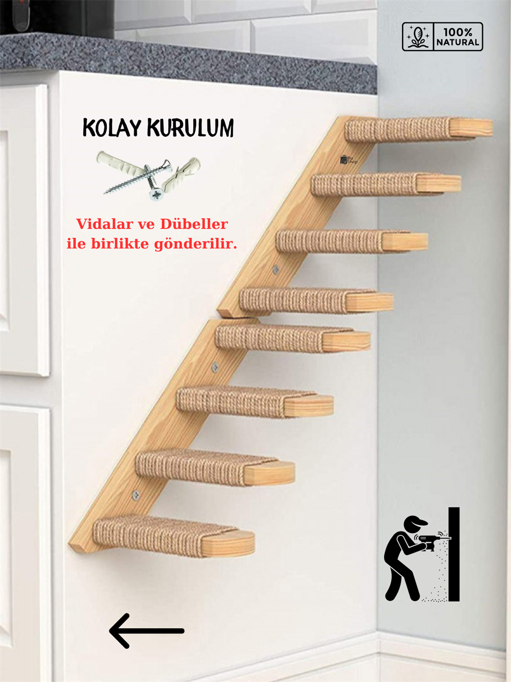 Doğal Kedi Tırmanma ve Tırmalama Merdiveni Ahşap tasarım Duvara Monte 2Lİ Sol Model