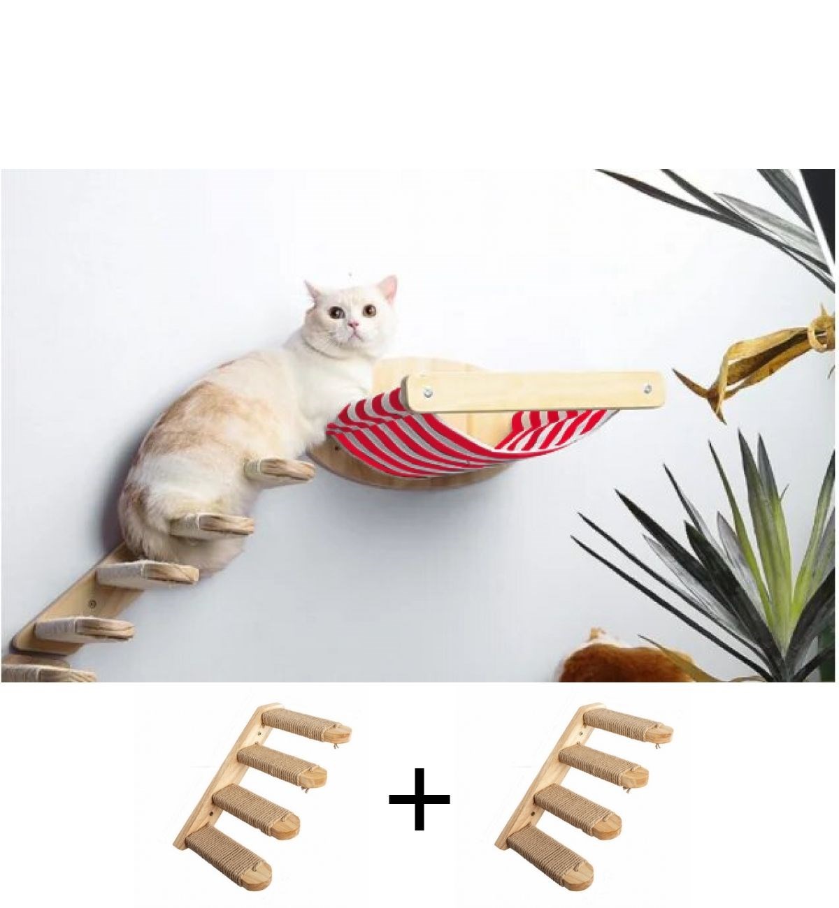 Kedi Yatağı, Kedi Yuvası, ve Kedi duvar yatağı, Kedi merdiveni, 2 adet Sol Tip Kedi Tırmanma Merdiveni, 3lü Ahşap Set, BuShop Red Zebra Serisi