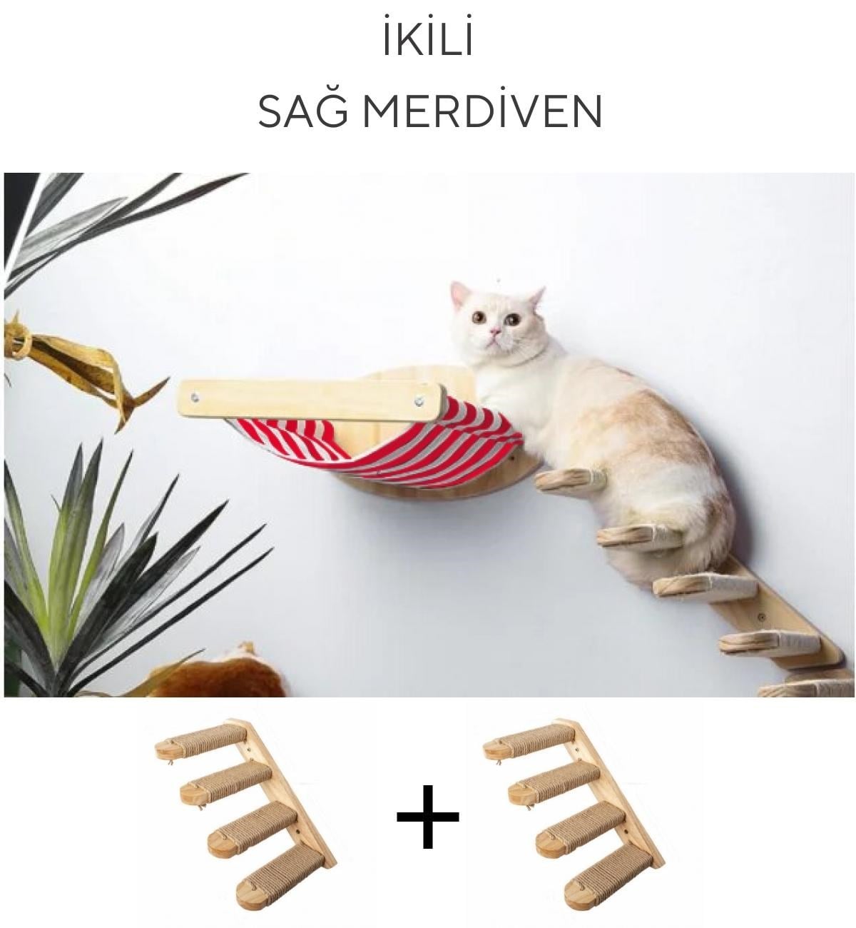 Kedi Yatağı, Kedi Yuvası, ve Kedi duvar yatağı, Kedi merdiveni, 2 adet Sağ Tip Kedi Tırmanma Merdiveni, 3lü Ahşap Set, BuShop Red Zebra Serisi