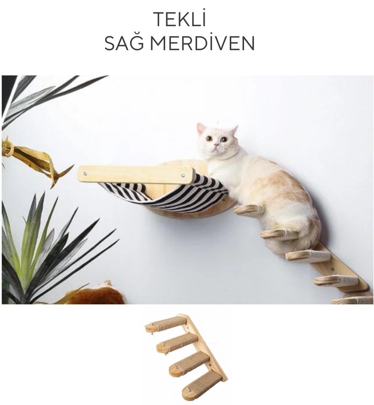 Duvara Monte Ahşap Siyah Bezli Kedi Hamağı BuShop doğal ahşap kedi Sağ tek merdiven İkili set Kampanya Zebra Serisi