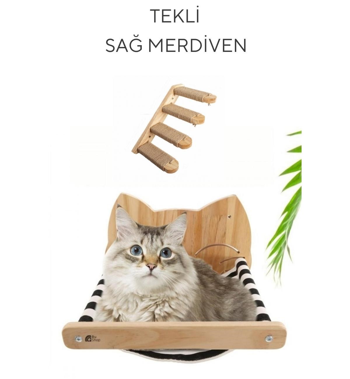 Duvara Monte Bezli Kedi Hamağı ve Kedi tek Sağ Merdiveni İkili Doğal Ahşap Set Tom Serisi