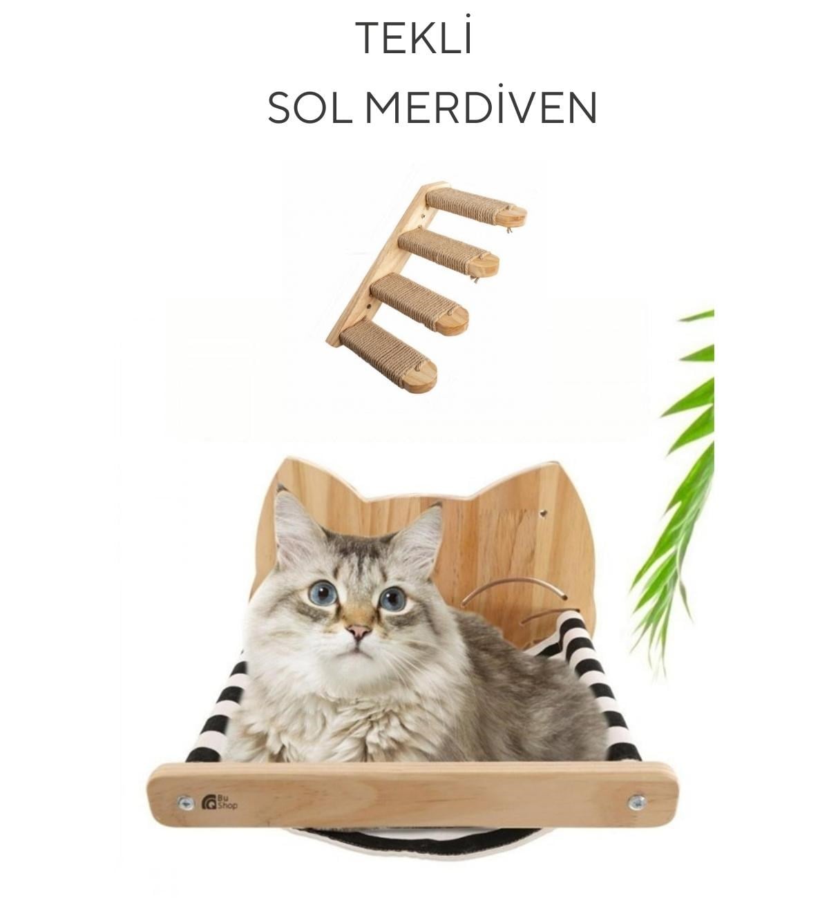 Duvara Monte Bezli Kedi Hamağı ve Kedi tek Sol Merdiveni İkili Doğal Ahşap Set Tom Serisi