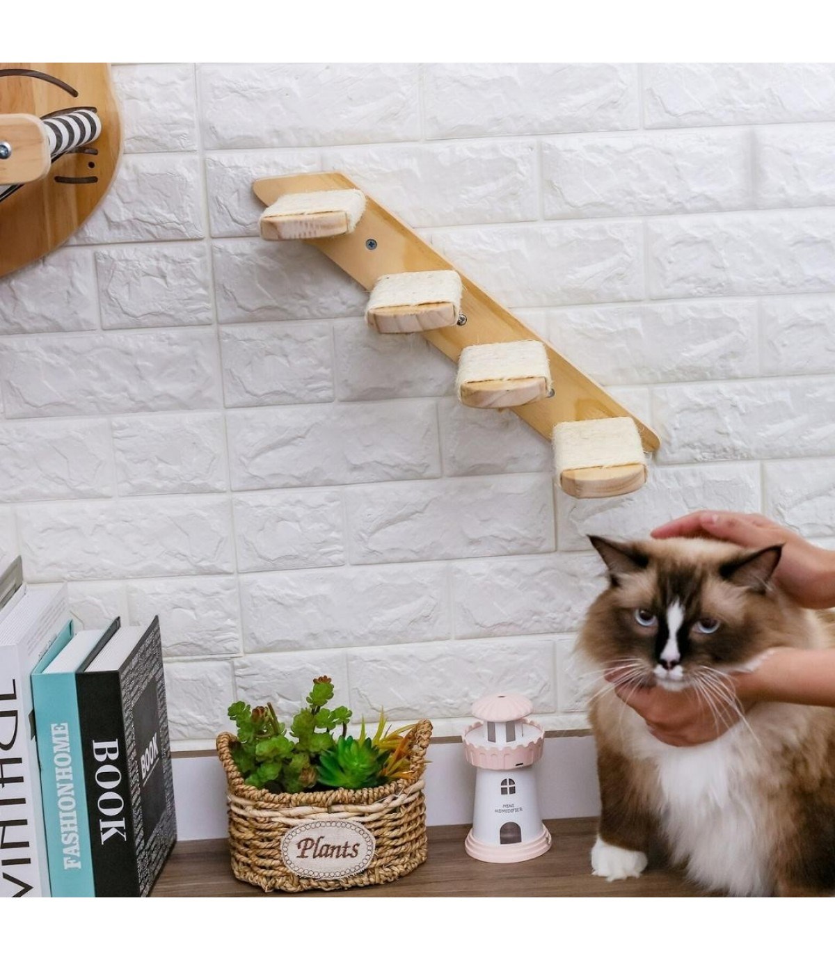 Kedi duvar yatağı, Kedi Yatağı, Kedi Yuvası, + Kedi merdiveni, 2 Adet Sol Tip Kedi Tırmanma Merdiveni, 3lü Ahşap Set, BuShop Tom Serisi