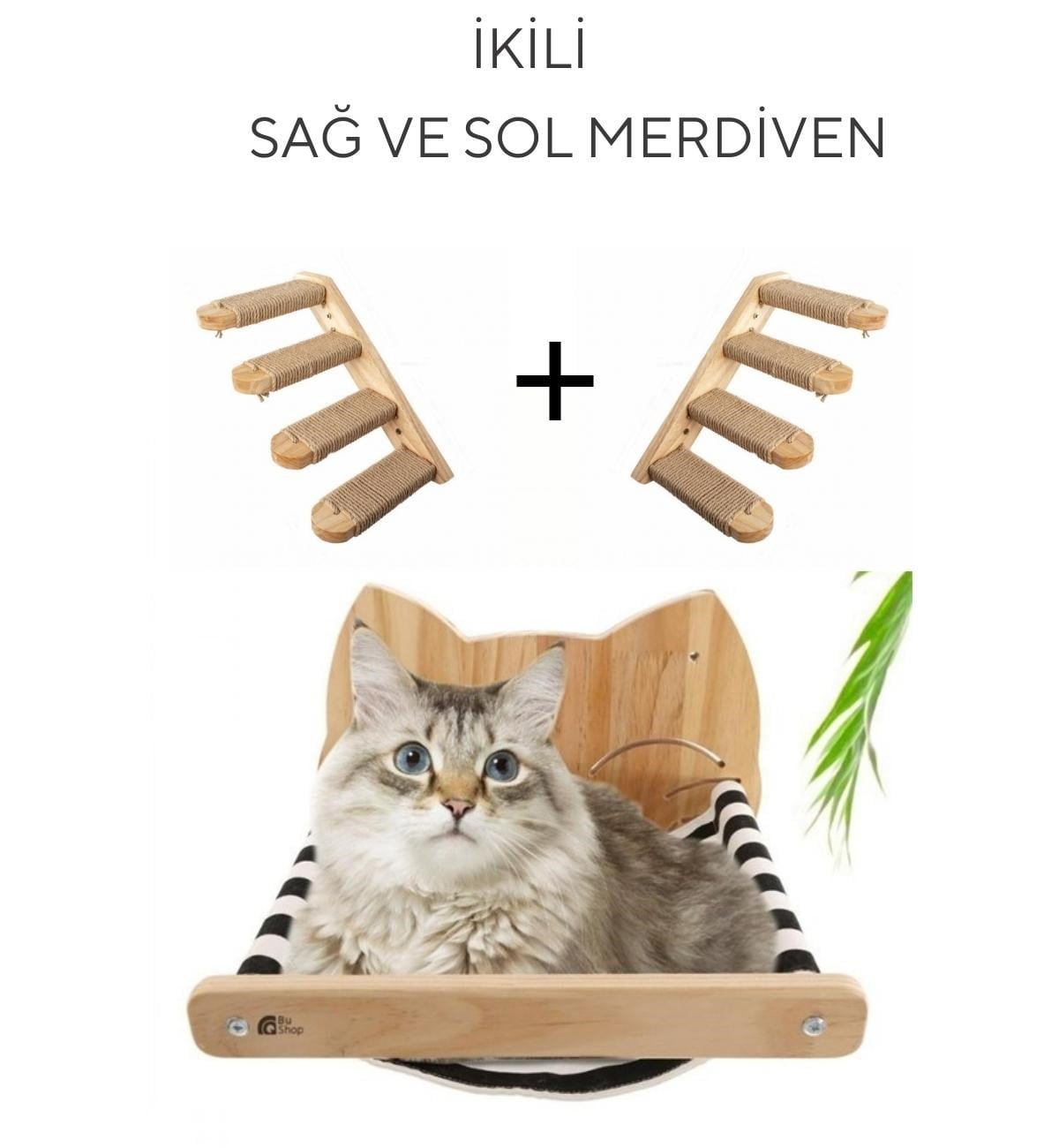 Kedi Yatağı, Kedi Yuvası, ve Kedi duvar yatağı, Kedi merdiveni, Sağ ve Sol Tip Kedi Tırmanma Merdiveni, 3lü Ahşap Set, BuShop Tom Serisi