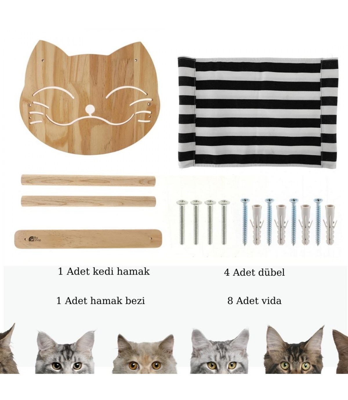 Kedi Yatağı, Kedi Yuvası, ve Kedi duvar yatağı, Kedi merdiveni, Sağ ve Sol Tip Kedi Tırmanma Merdiveni, 3lü Ahşap Set, BuShop Tom Serisi