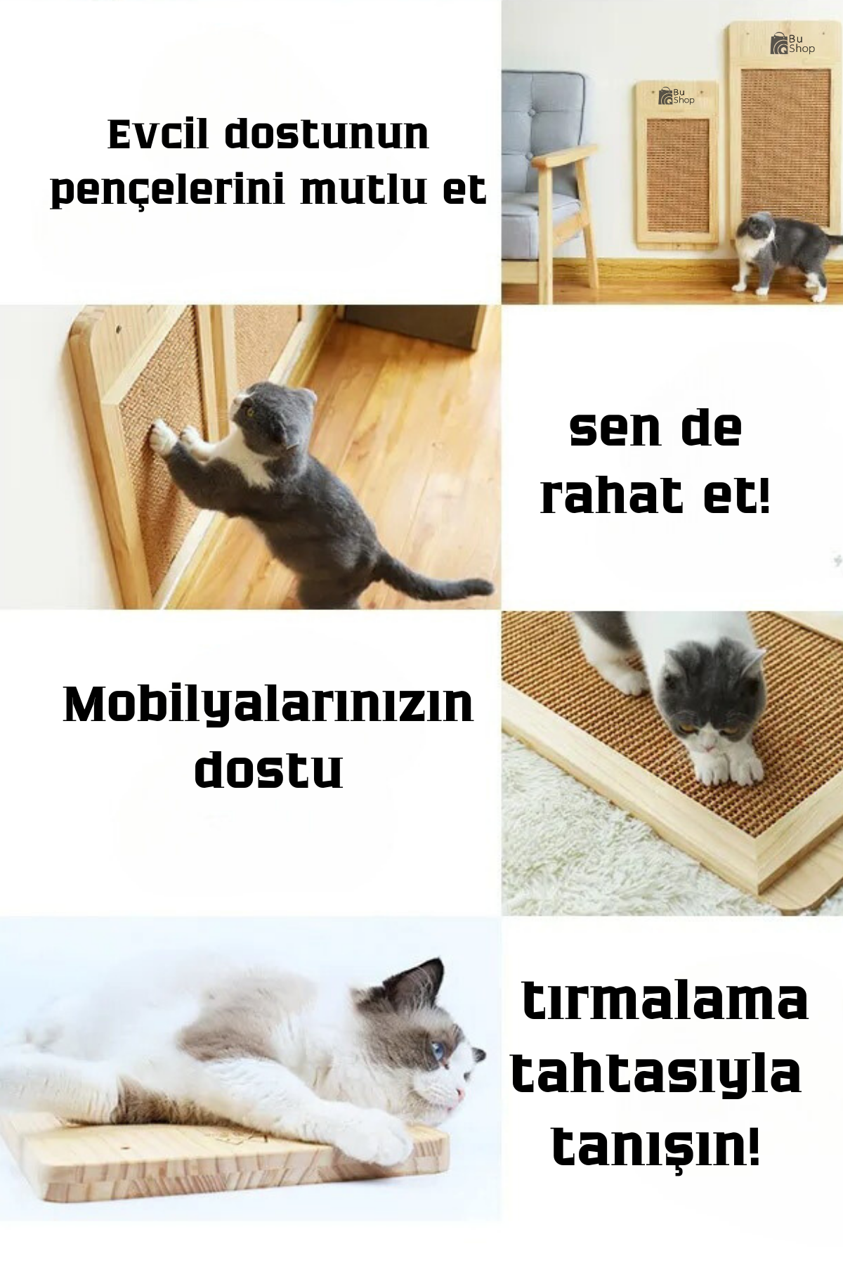 Kedi tırmalama tahtası dikdörtgen eko büyük model + Papyon Hediyeli BuShop Doğal ahşap + Duvar dübeli + vida.