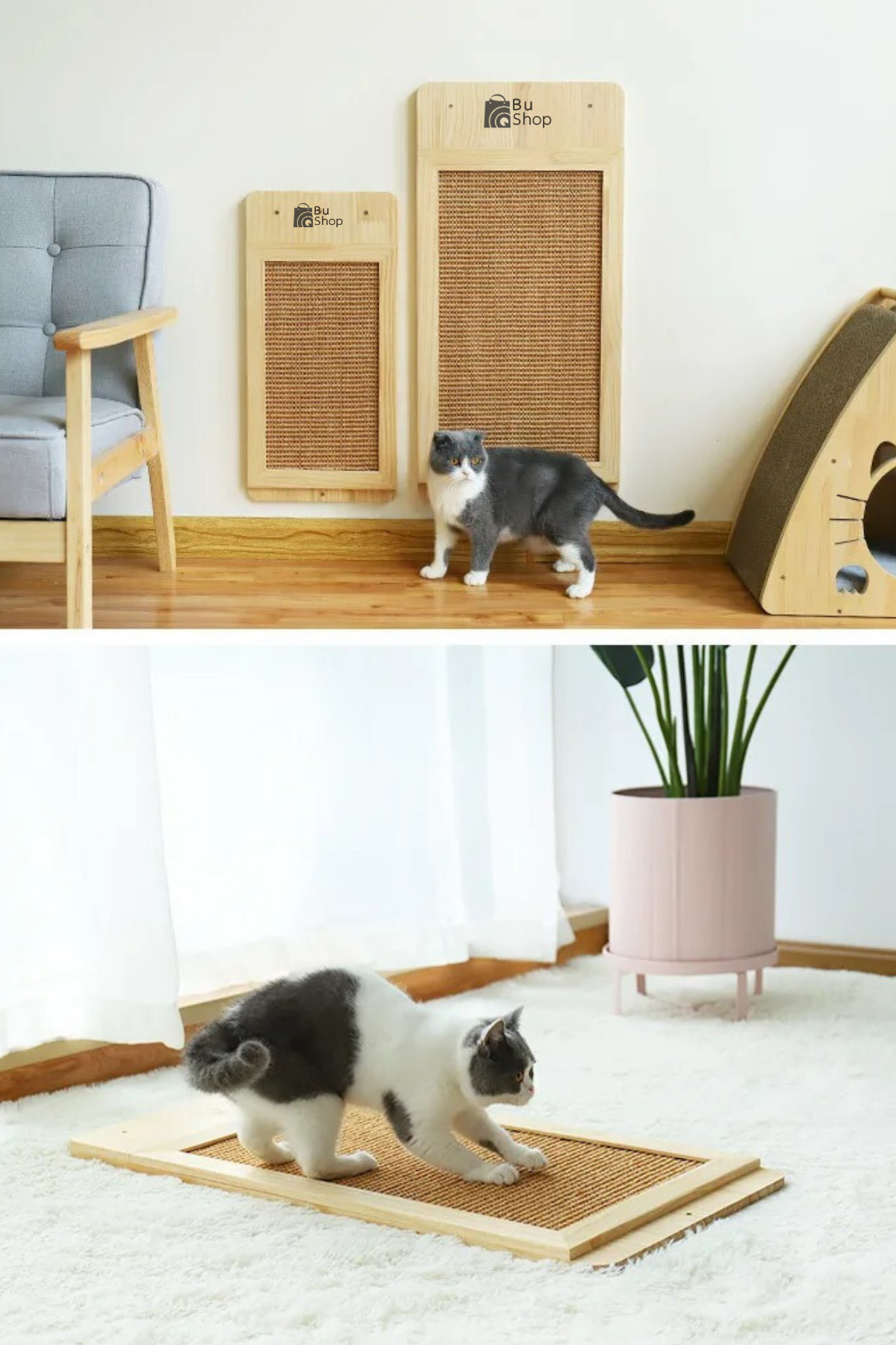 Kedi tırmalama tahtası dikdörtgen eko büyük model + Papyon Hediyeli BuShop Doğal ahşap + Duvar dübeli + vida.